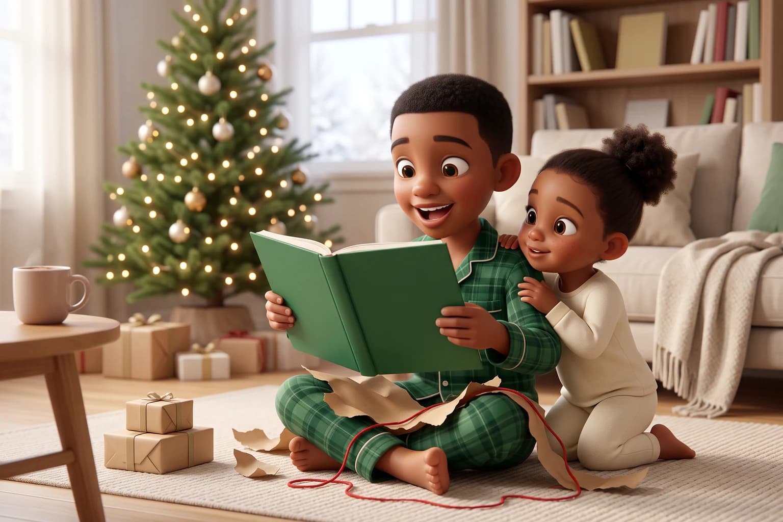 A boy in green plaid pajamas opens a book freed from kraft paper on Christmas morning while his little sister leans on his shoulder.
