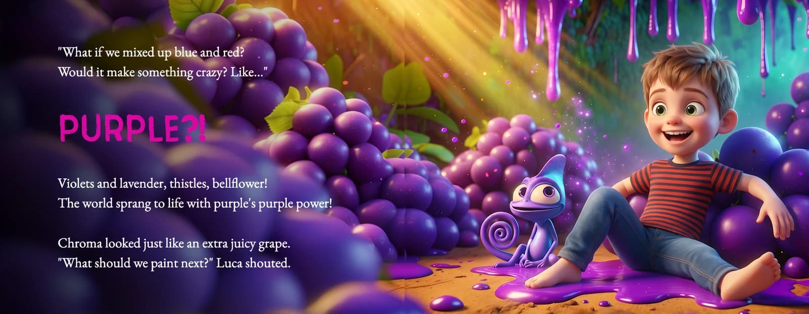 A spread from Chroma and the Neverending Colorverse: the example child lounges among giant purple grapes with Chroma the chameleon, beside the word Purple.