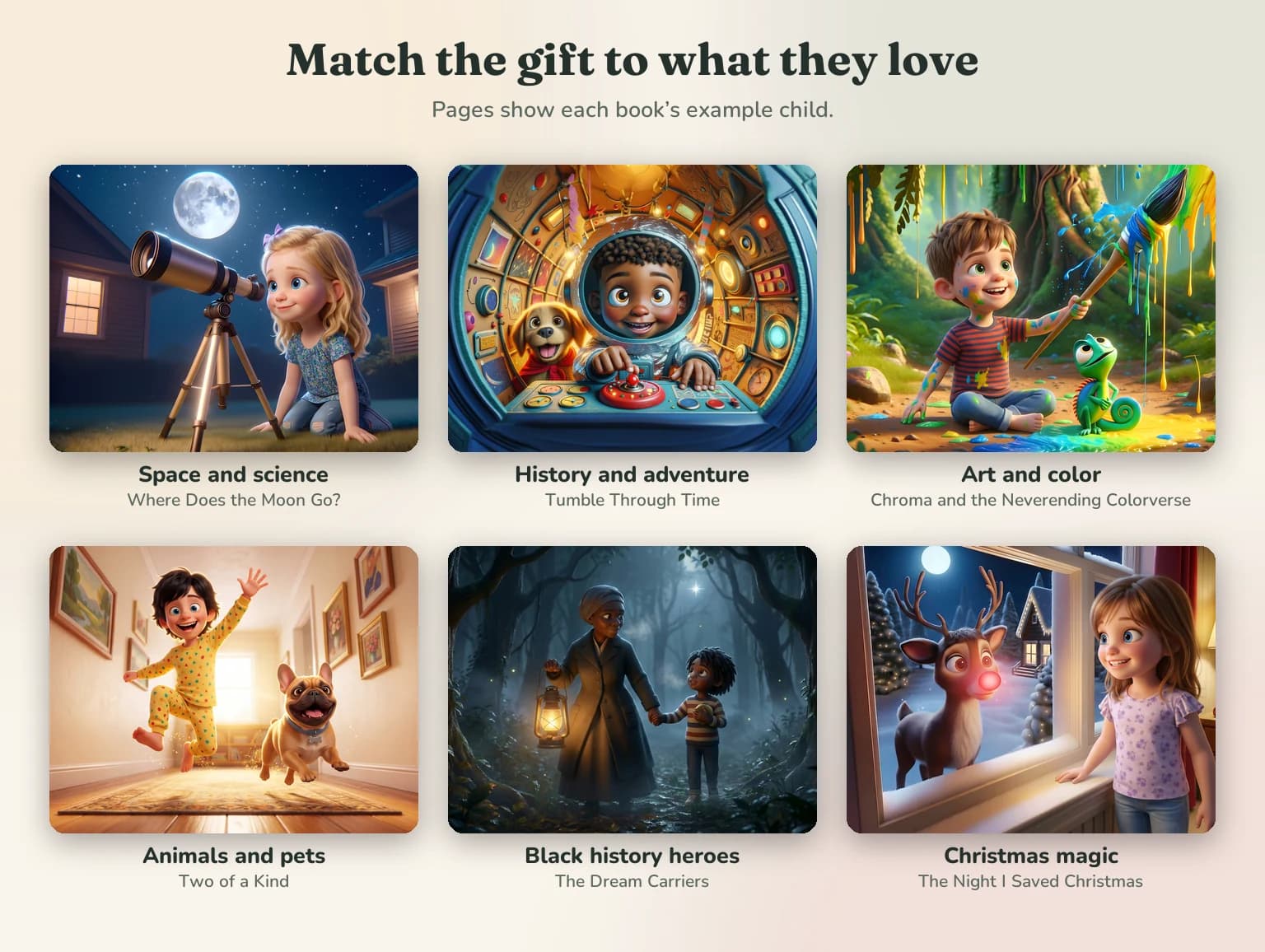 Six pages matched to interests: space and science, history and adventure, art and color, animals and pets, Black history heroes and Christmas magic.