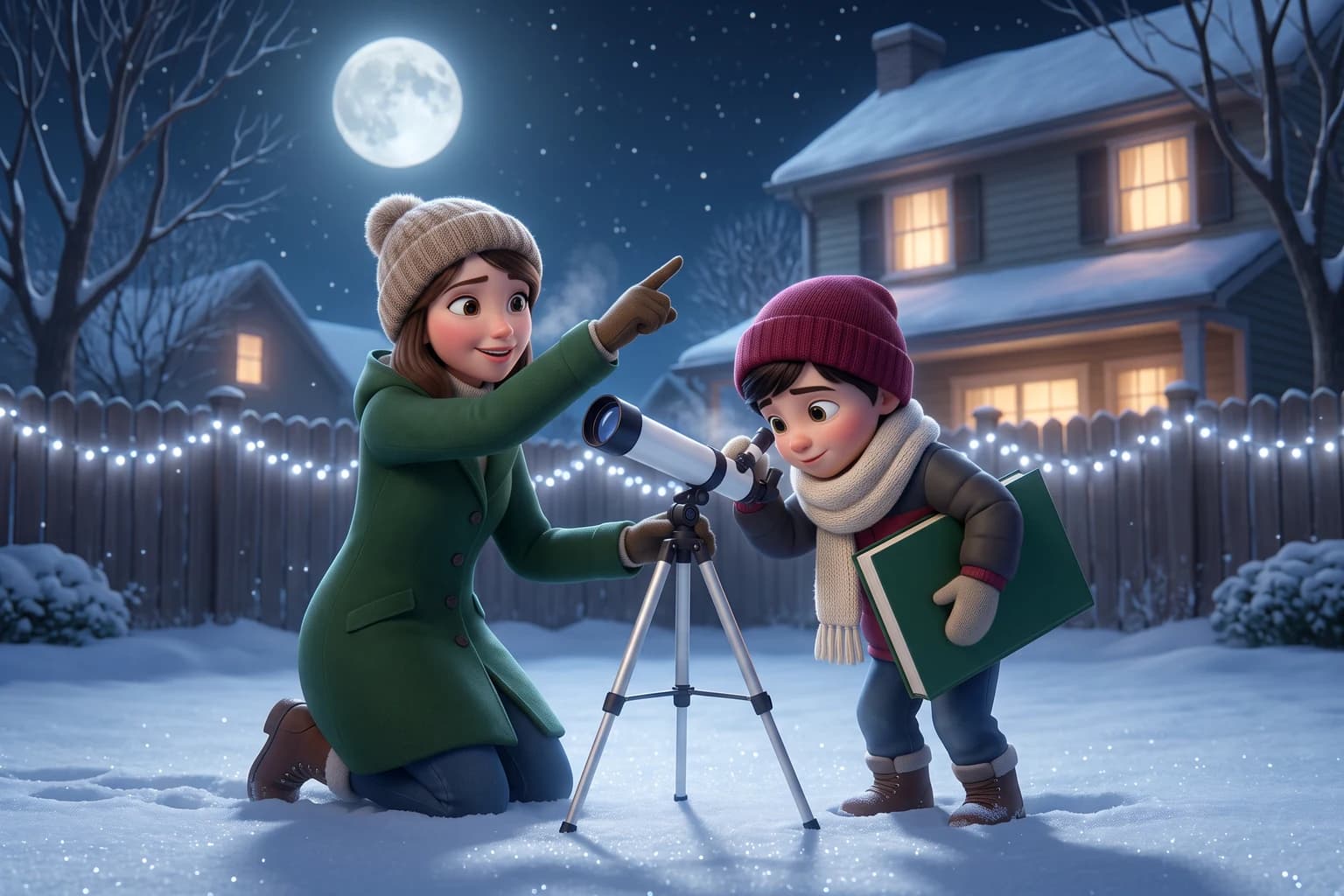 A mother in a green coat kneels in a snowy backyard and points at the full moon while her son looks into a small telescope, hugging a book.