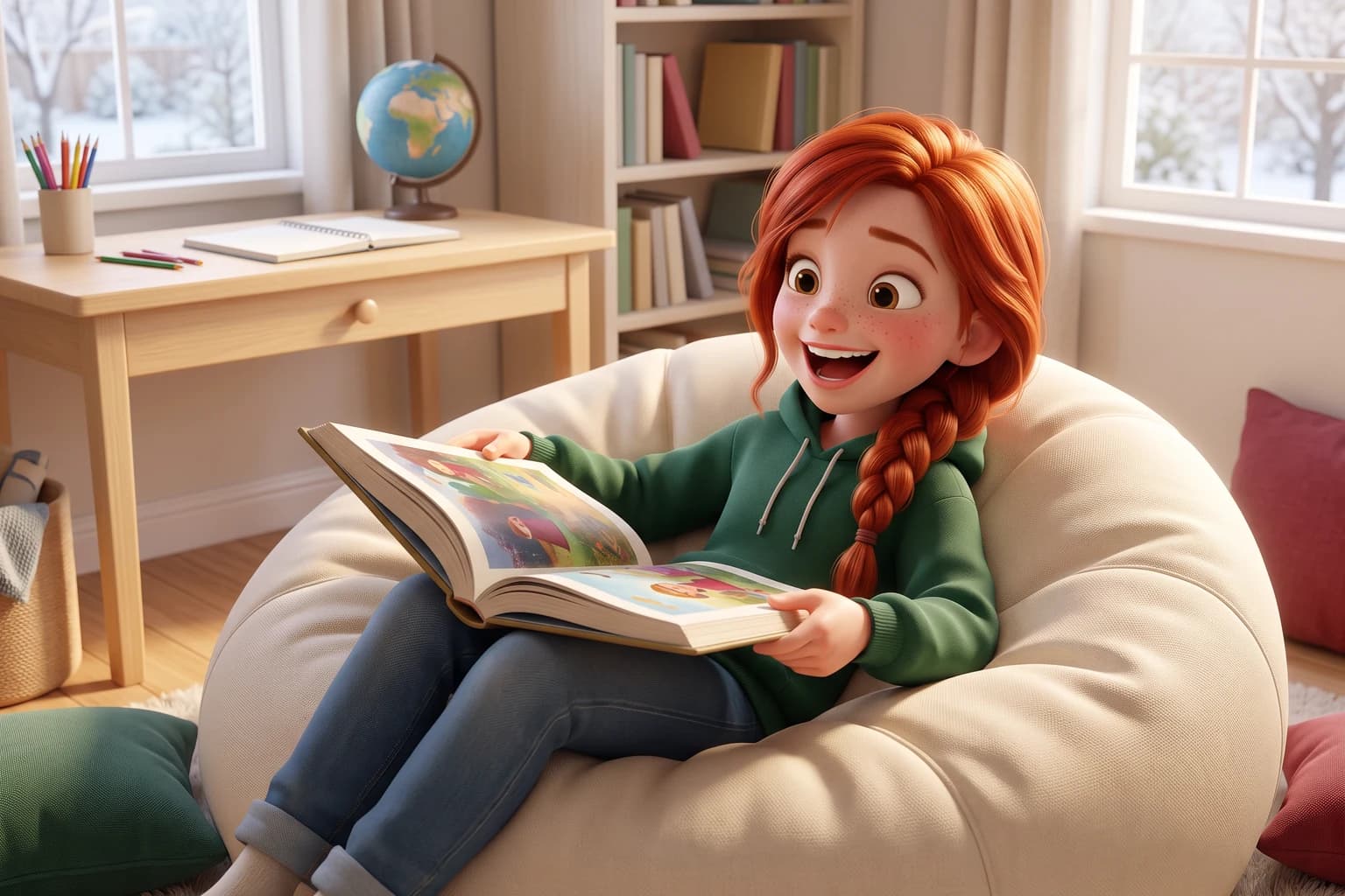 A ten-year-old girl with a red braid laughs as she reads an open picture book on a big cream beanbag.
