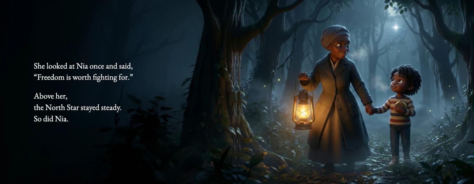 A spread from The Dream Carriers: Harriet Tubman holds a lantern and leads the example child by the hand through a dark forest.