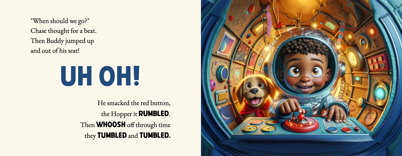 A spread from Tumble Through Time: the example child in a helmet presses a big red button inside a time machine with a puppy, beside the words Uh oh.