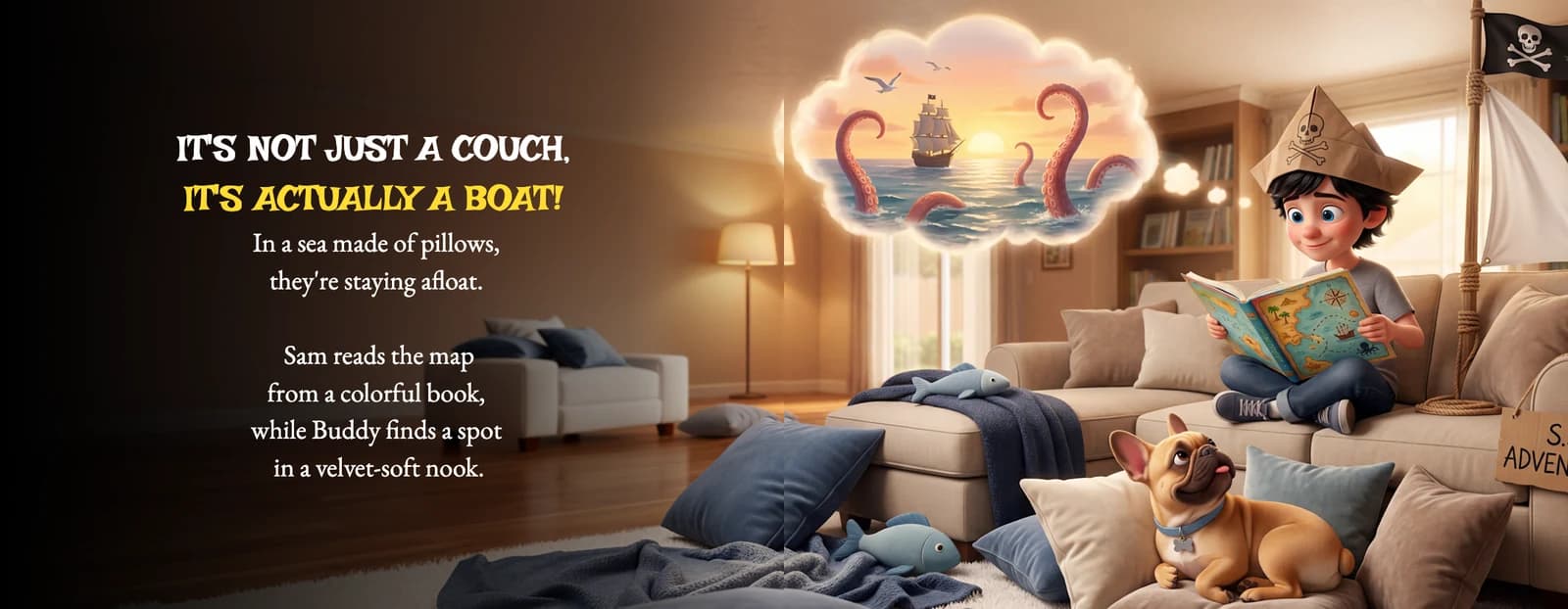 A spread from Two of a Kind: the example child in a paper pirate hat reads a map on a pillow-fort sofa while a French bulldog curls up beside him.