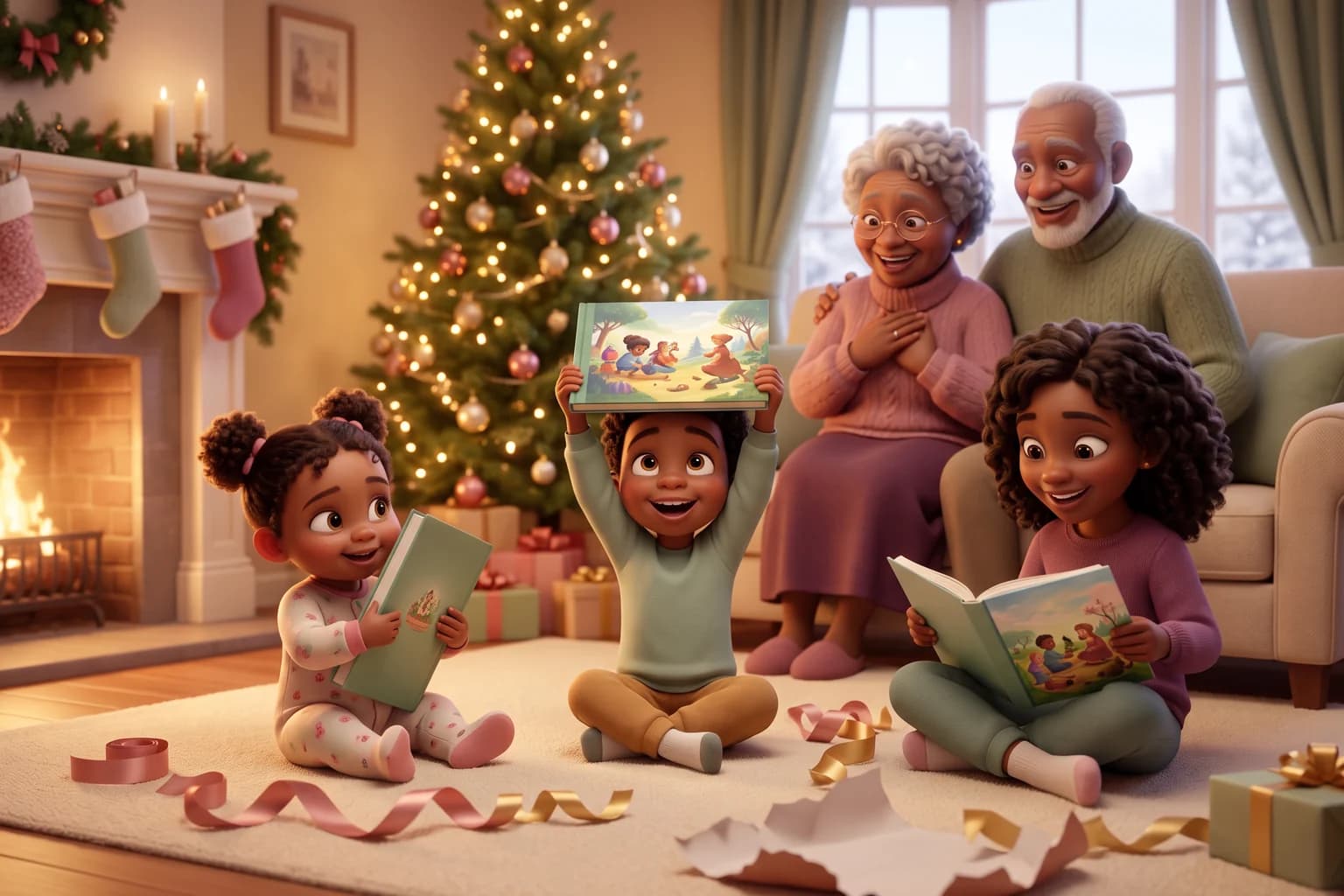 Three grandchildren of different ages unwrap their own picture books on Christmas morning while their grandparents watch from the sofa.