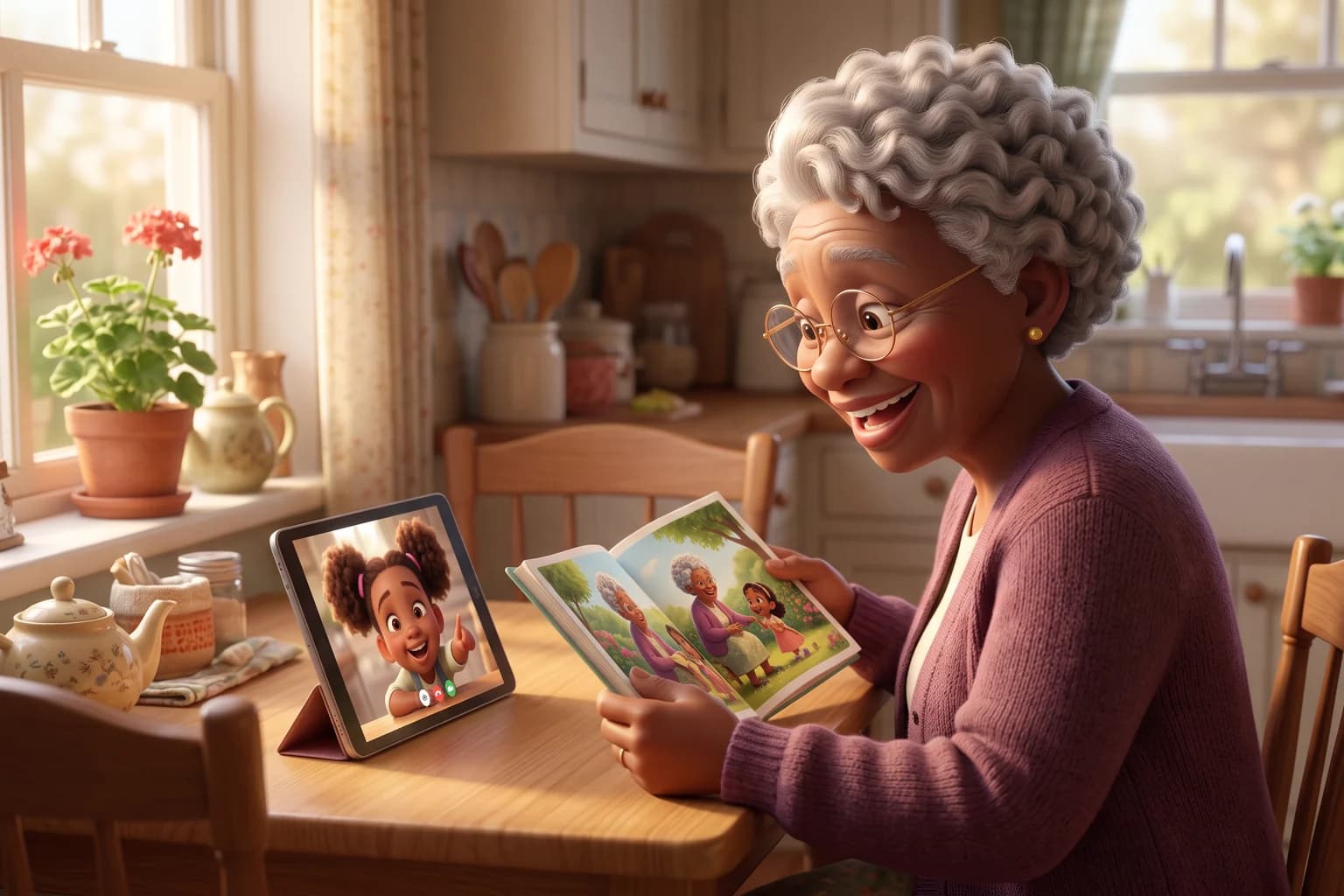 A grandmother at her kitchen table holds an open picture book toward a tablet, where her granddaughter laughs and points on a video call.