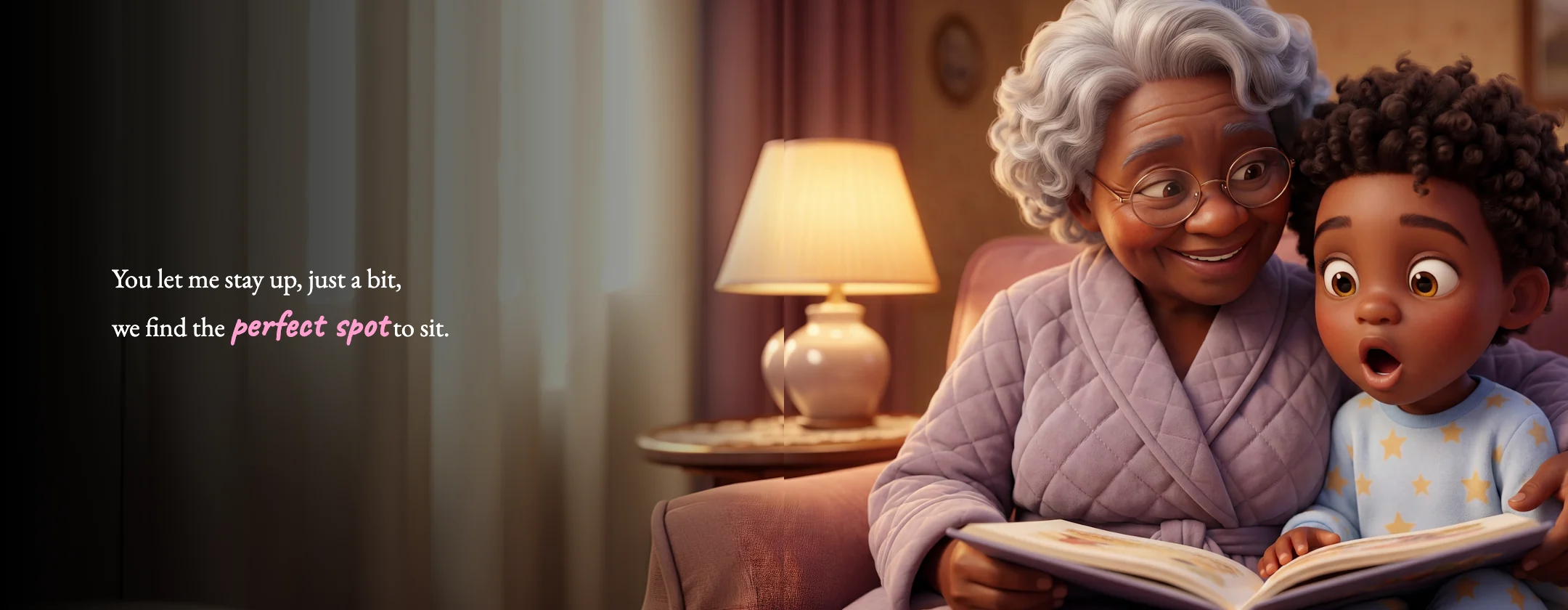 A spread from I Love You Grandma: a grandmother in a lilac robe reads to her grandson in an armchair by lamplight.