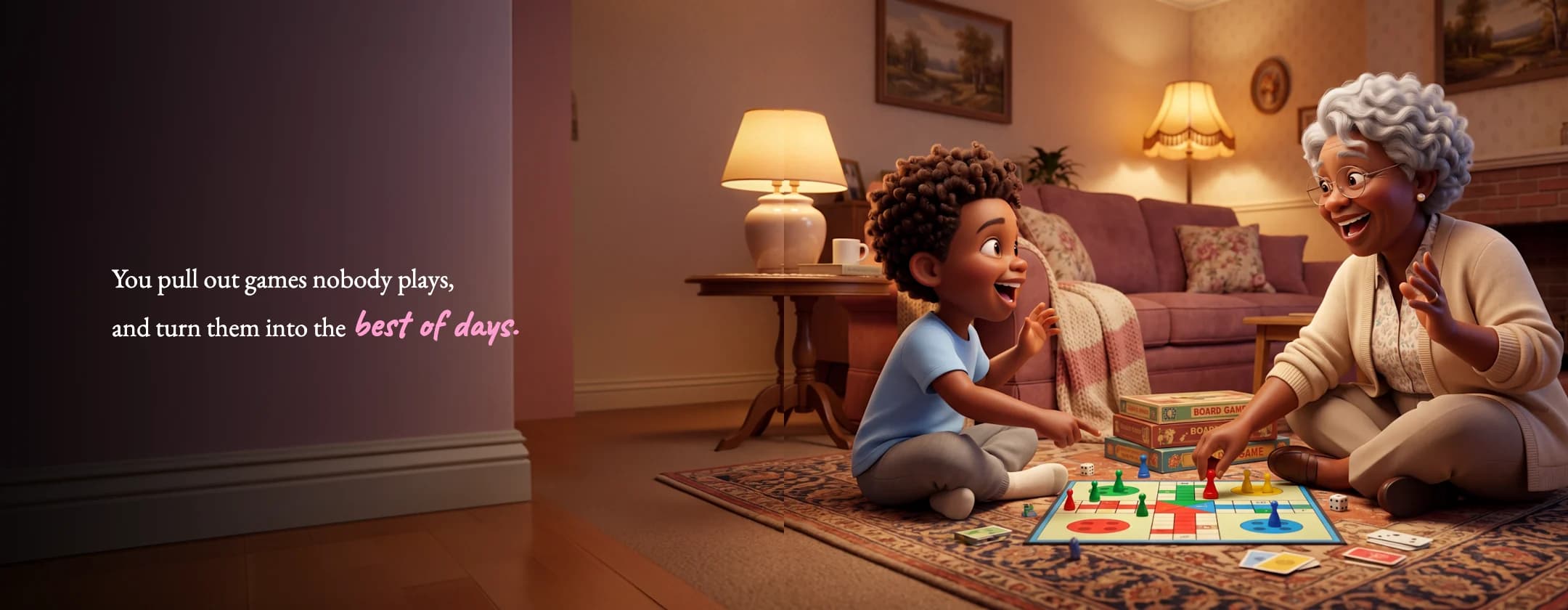 A spread from I Love You Grandma: a grandmother and her grandson play a board game on the living room rug.