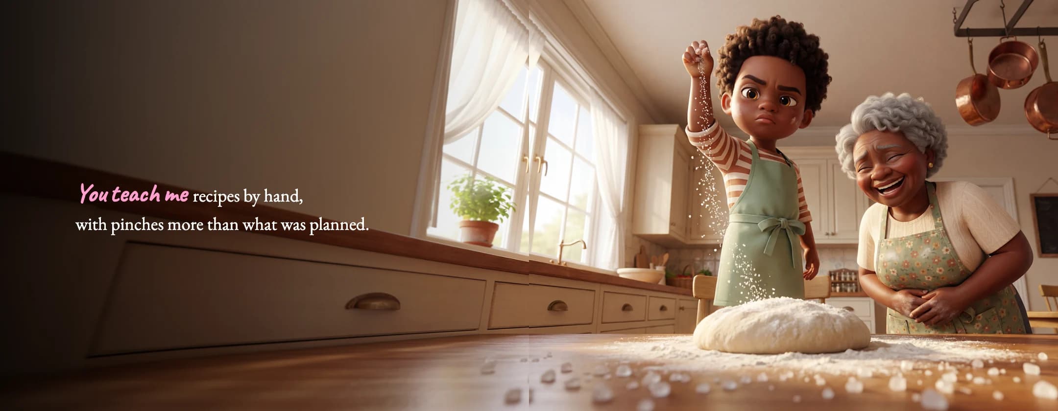 A spread from I Love You Grandma: a boy throws a pinch of flour over the dough while his grandmother laughs in a sunny kitchen.