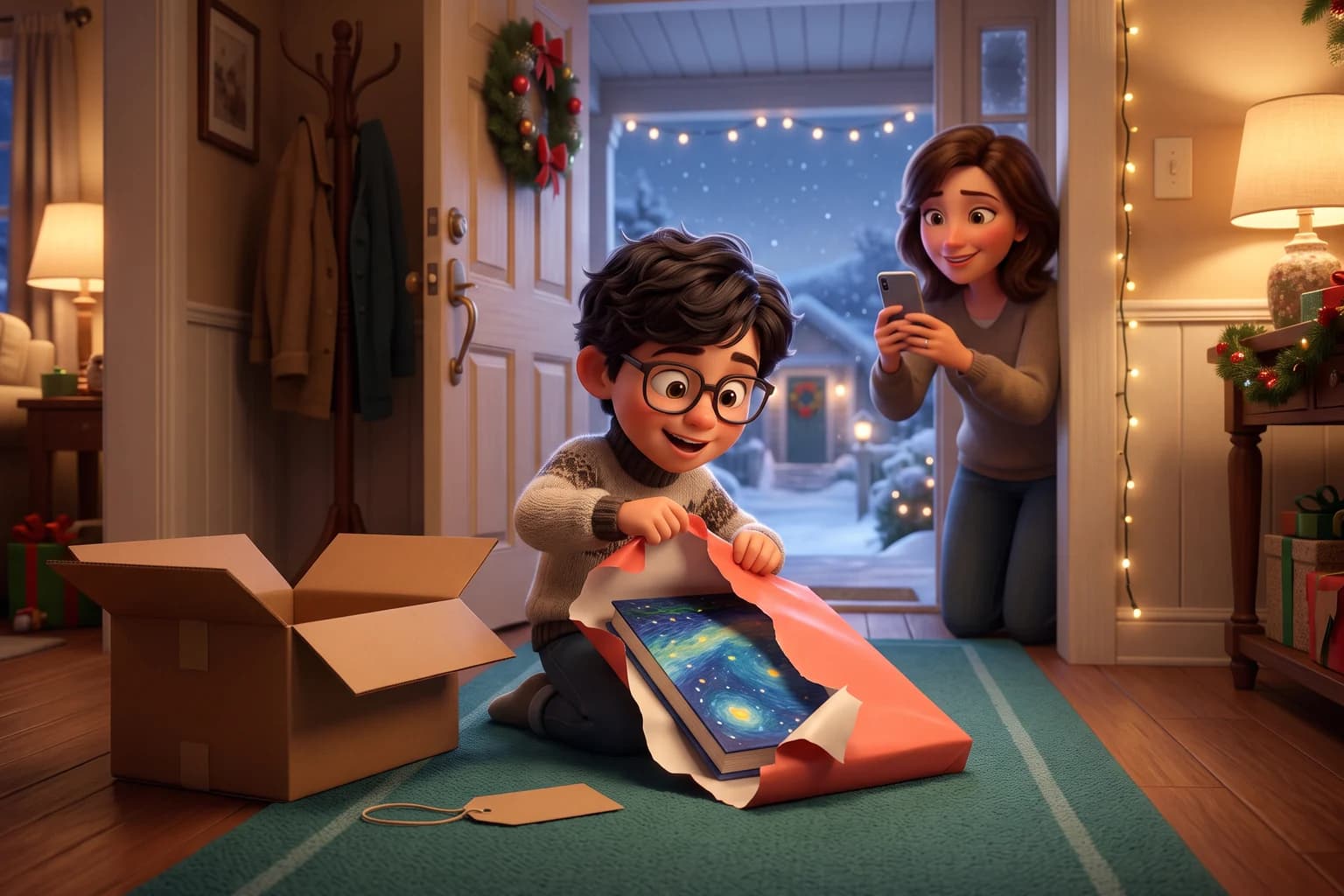 A boy in glasses tears coral wrapping paper off a picture book in the front hall while his mother films him on her phone.