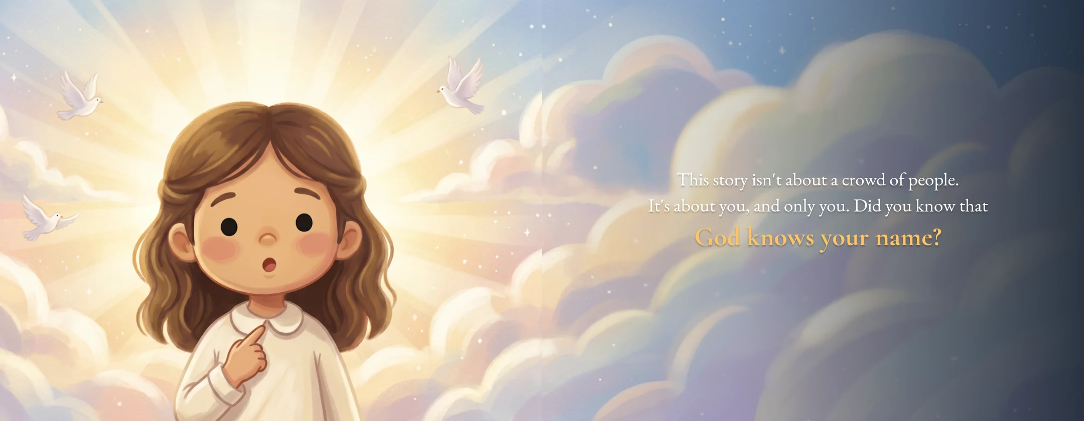 A spread from God Called Me By My Name: a girl in a white nightgown stands in glowing clouds with doves overhead.