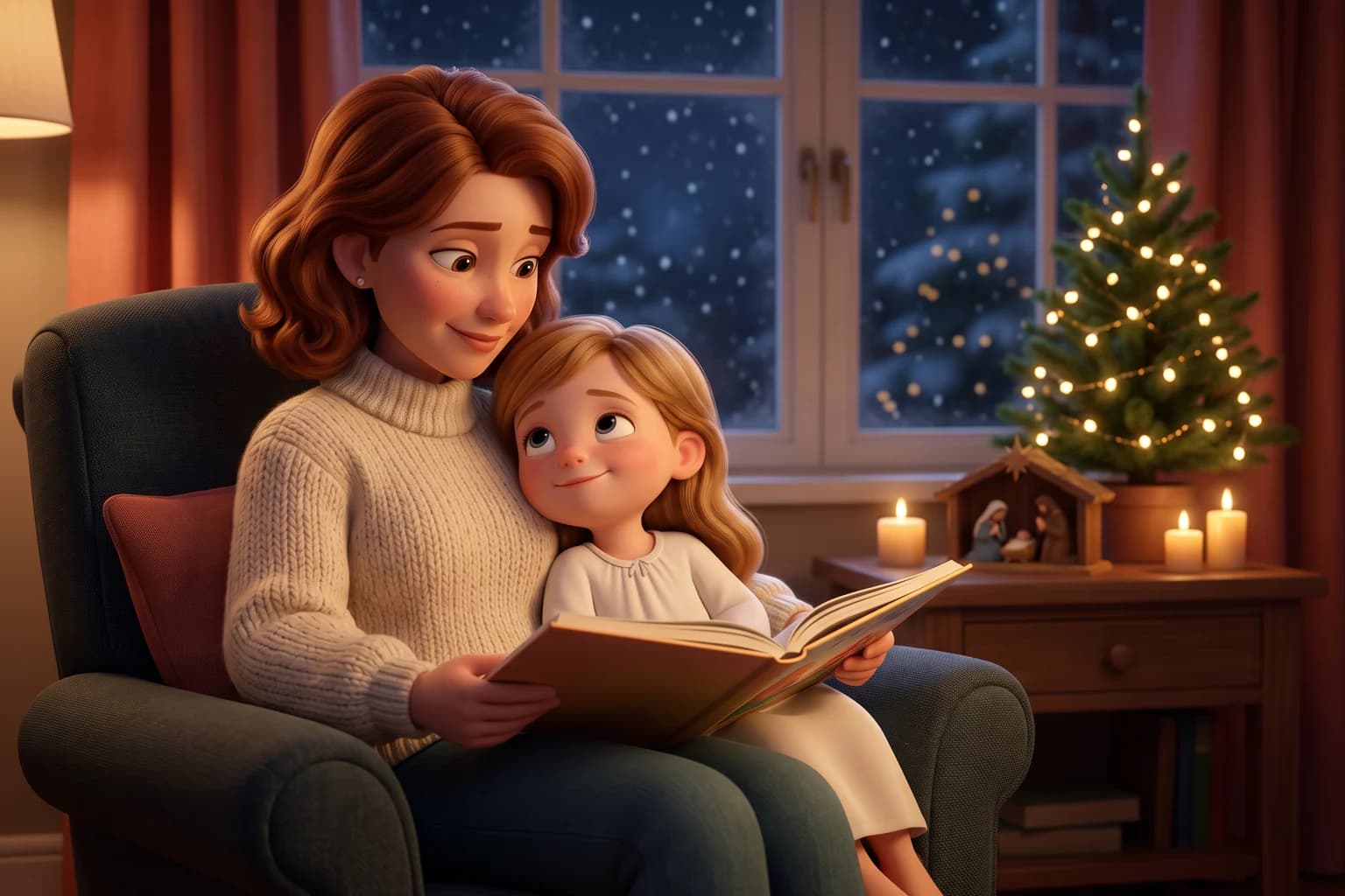 A godmother reads to her sleepy goddaughter in an armchair beside a small Christmas tree, candles and a wooden nativity set.
