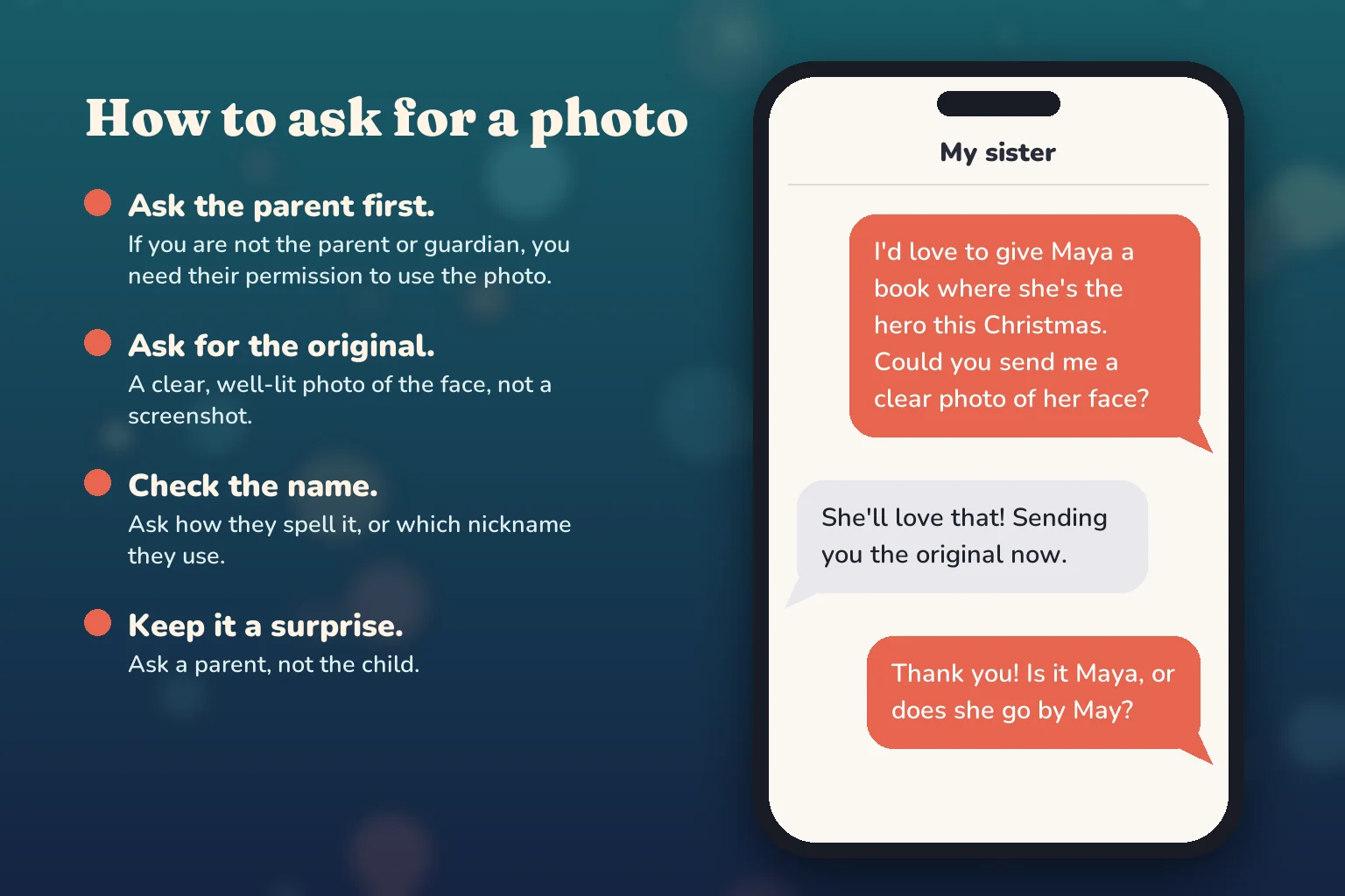 Tips for asking a parent for a photo beside a phone with a sample text conversation asking a sister for a clear photo of her daughter.