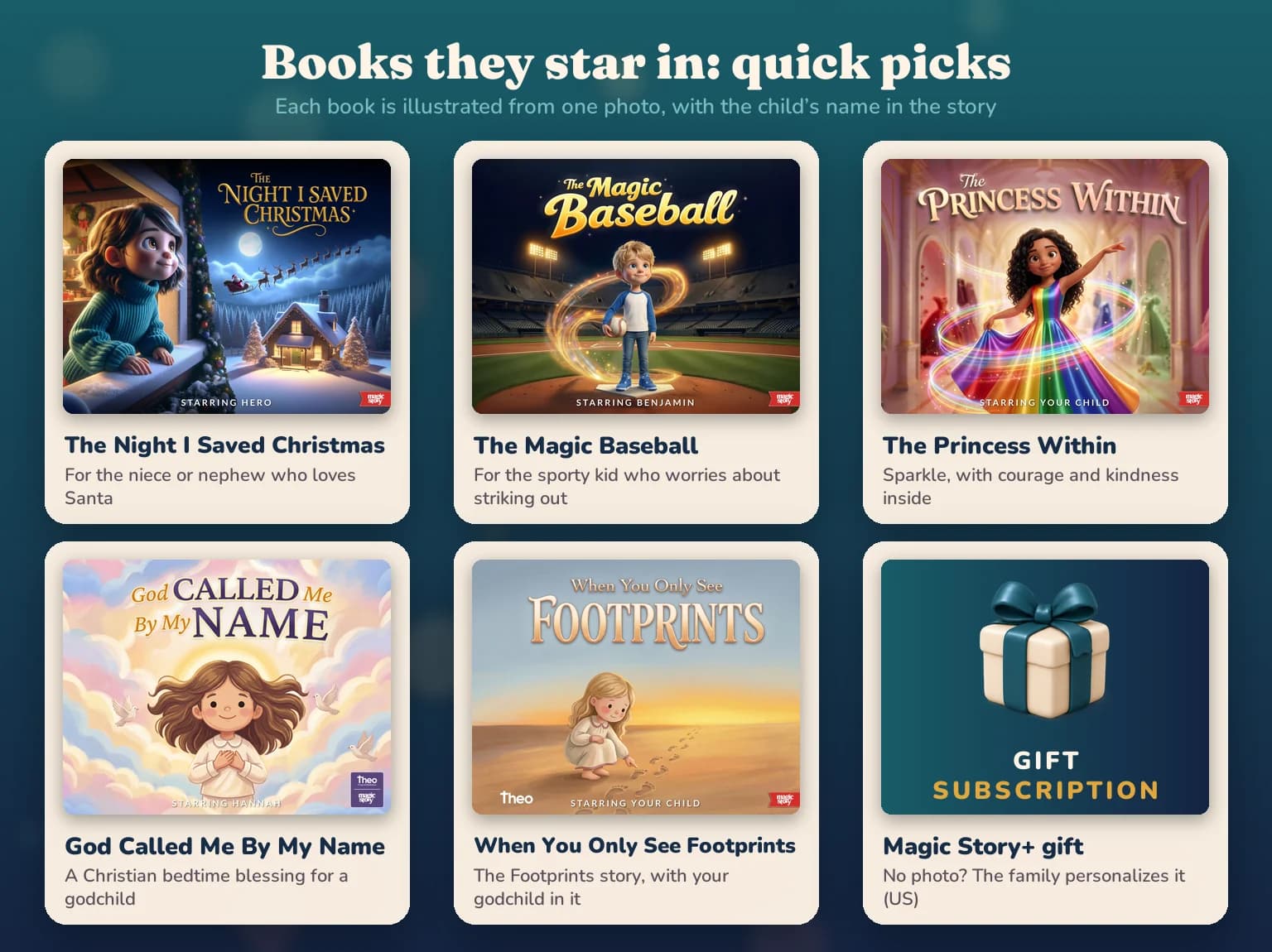 Six picks: The Night I Saved Christmas, The Magic Baseball, The Princess Within, God Called Me By My Name, When You Only See Footprints and a Magic Story+ gift subscription.