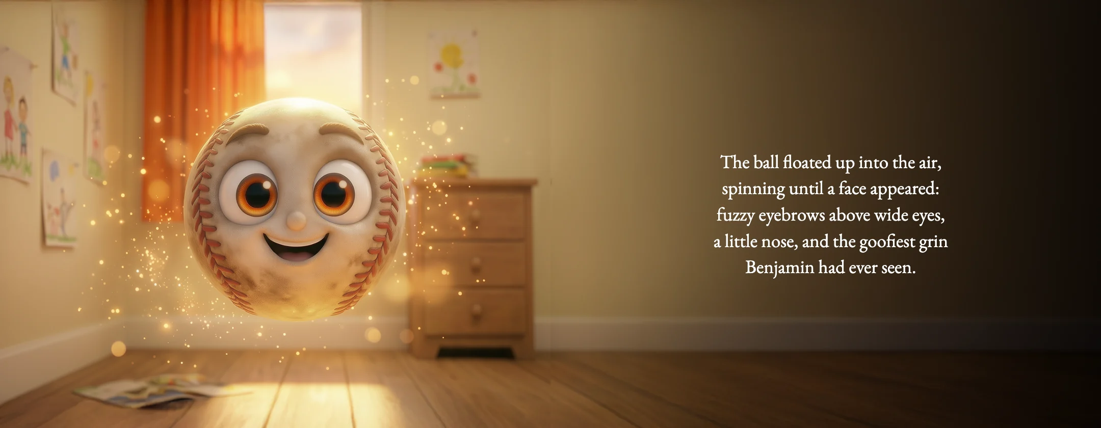 A spread from The Magic Baseball: Homer, a baseball with big eyes and a goofy grin, floats in a sunny bedroom.