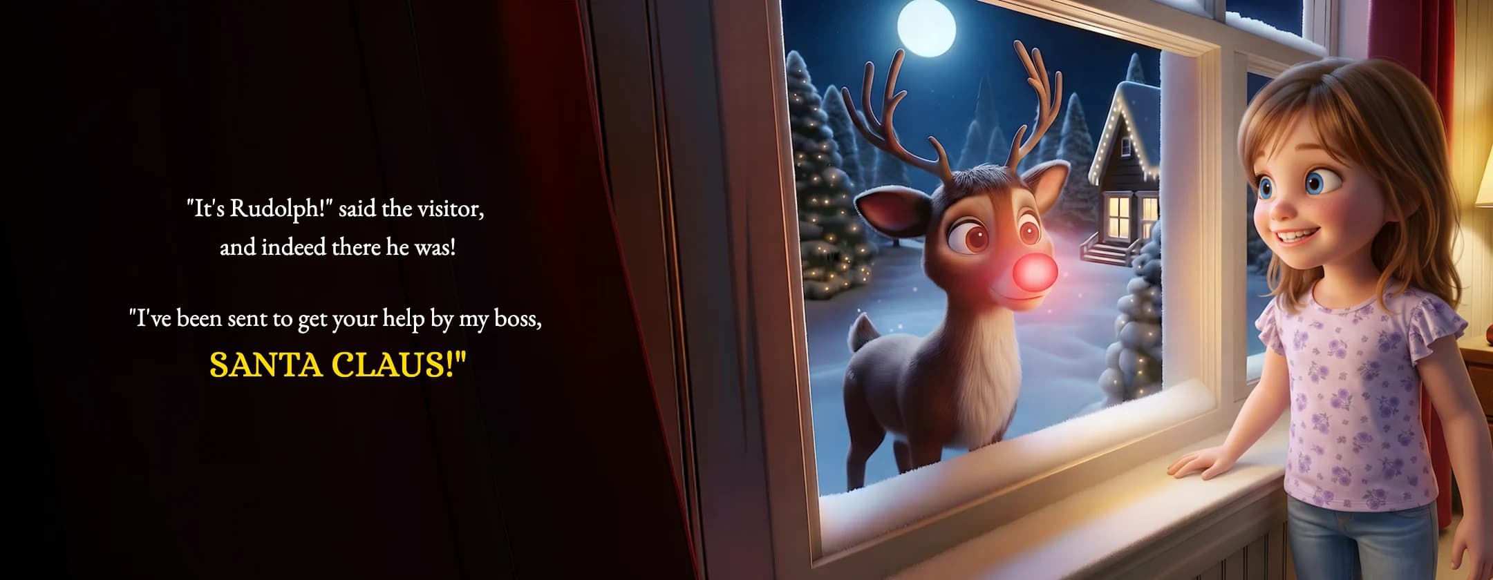 A spread from The Night I Saved Christmas: Rudolph, his nose glowing red, looks in at a girl through her snowy bedroom window.