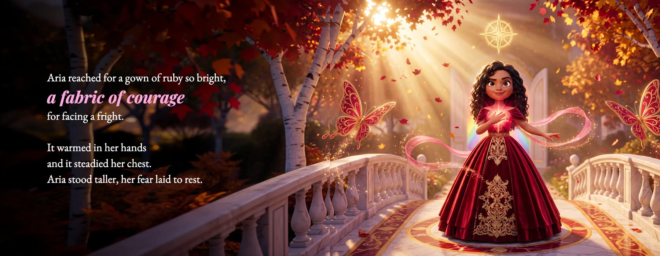 A spread from The Princess Within: a girl in a ruby red gown holds a glowing light on a bridge under autumn trees.