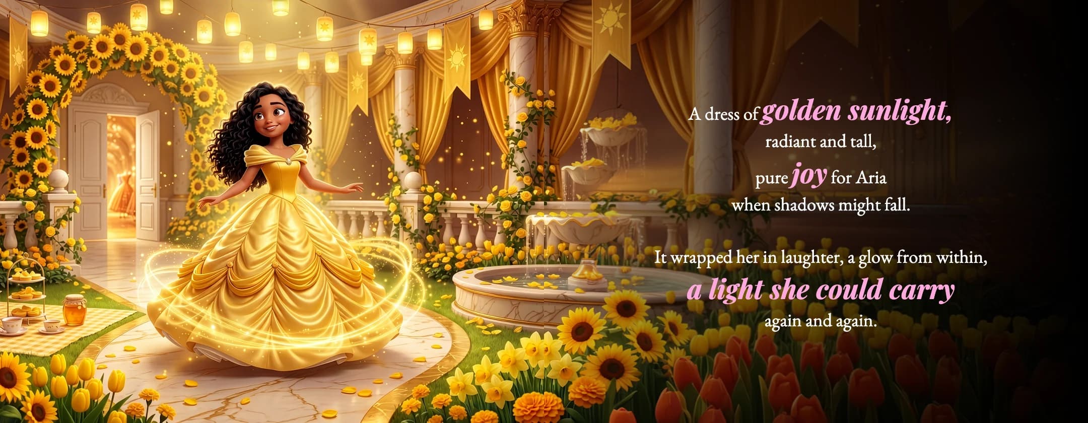 A spread from The Princess Within: a girl twirls in a golden gown in a courtyard full of sunflowers.