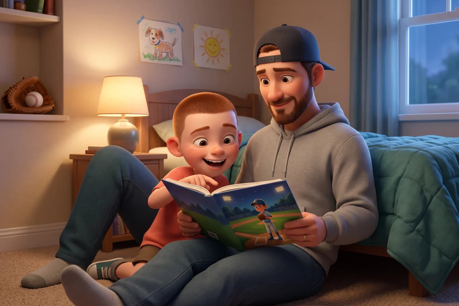 An uncle in a backwards cap and his laughing nephew read a baseball picture book together on a bedroom floor.