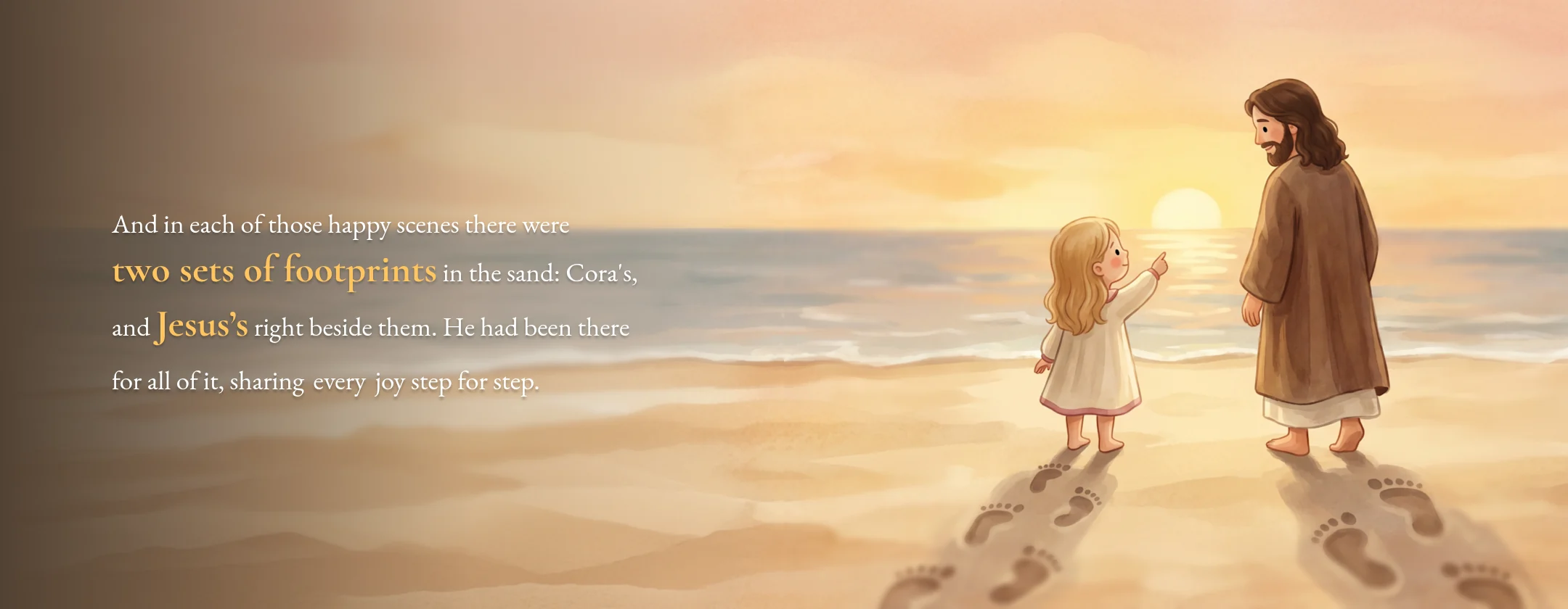 A spread from When You Only See Footprints: a girl and Jesus walk along a sunset beach, leaving two sets of footprints in the sand.