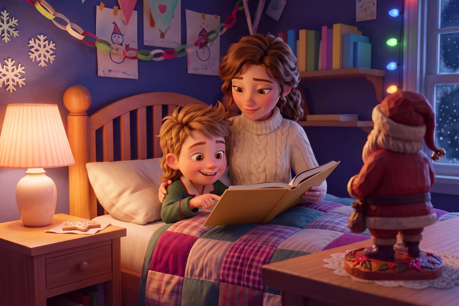 A mother reads a picture book to her son in bed while he points at the page, with a carved wooden Santa on the dresser in the foreground.