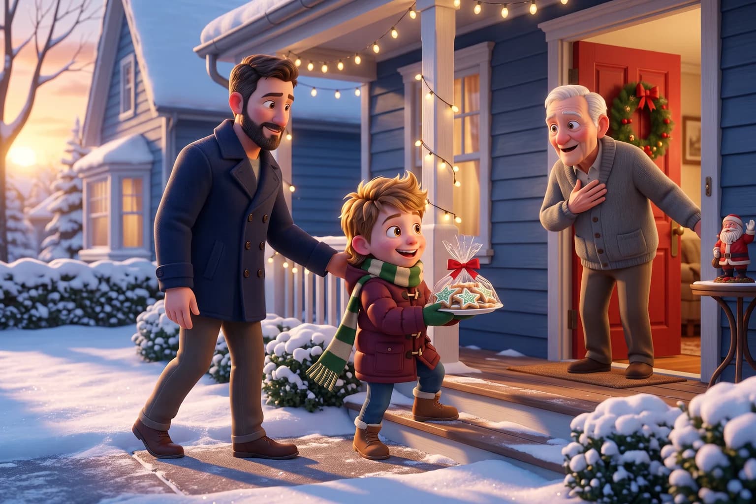 A boy in a red coat carries a plate of wrapped star cookies up a neighbor's porch steps with his father, as the older neighbor smiles at the door.