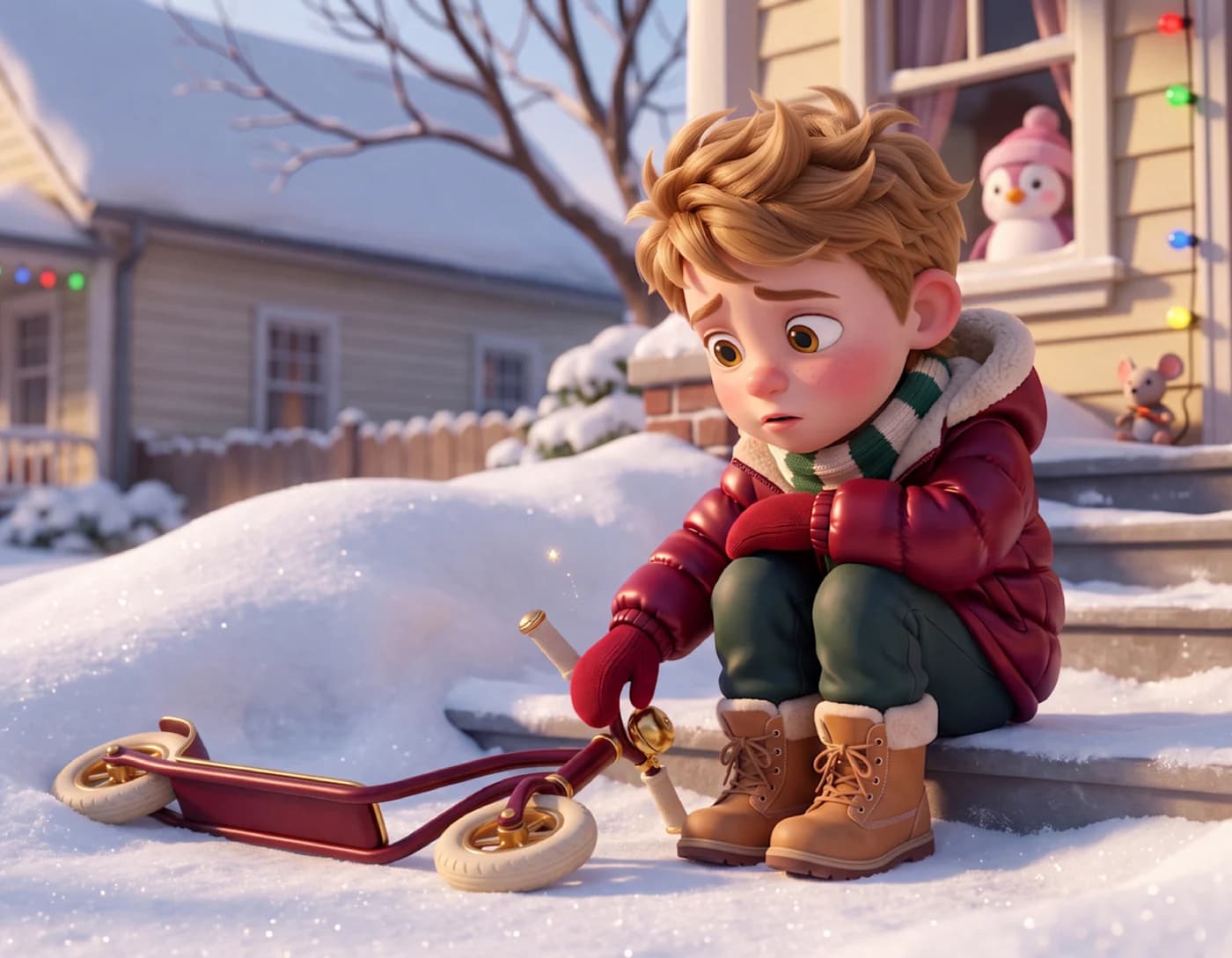 A boy sits on snowy front steps beside the scooter, deep in thought, in How More Santas Are Made.