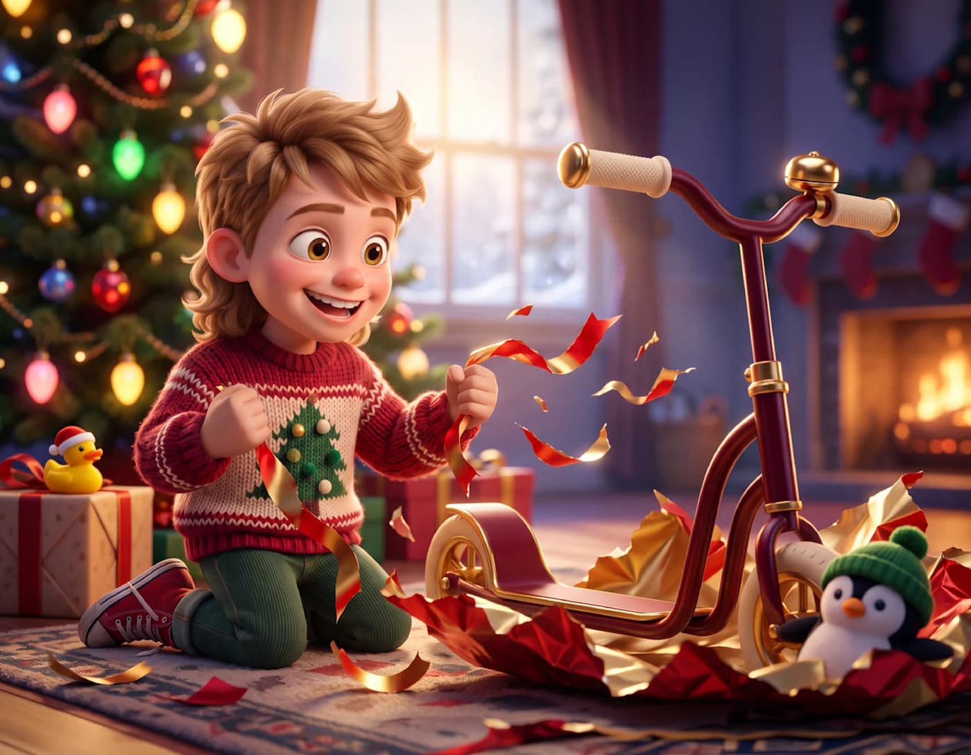 A boy in a holiday sweater grins as he tears red paper off a maroon and gold scooter beside the Christmas tree, in How More Santas Are Made.