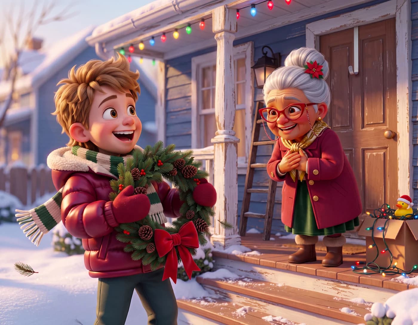 A boy holds up a green wreath with a red bow as the neighbor smiles from her front door, in Look Outward.