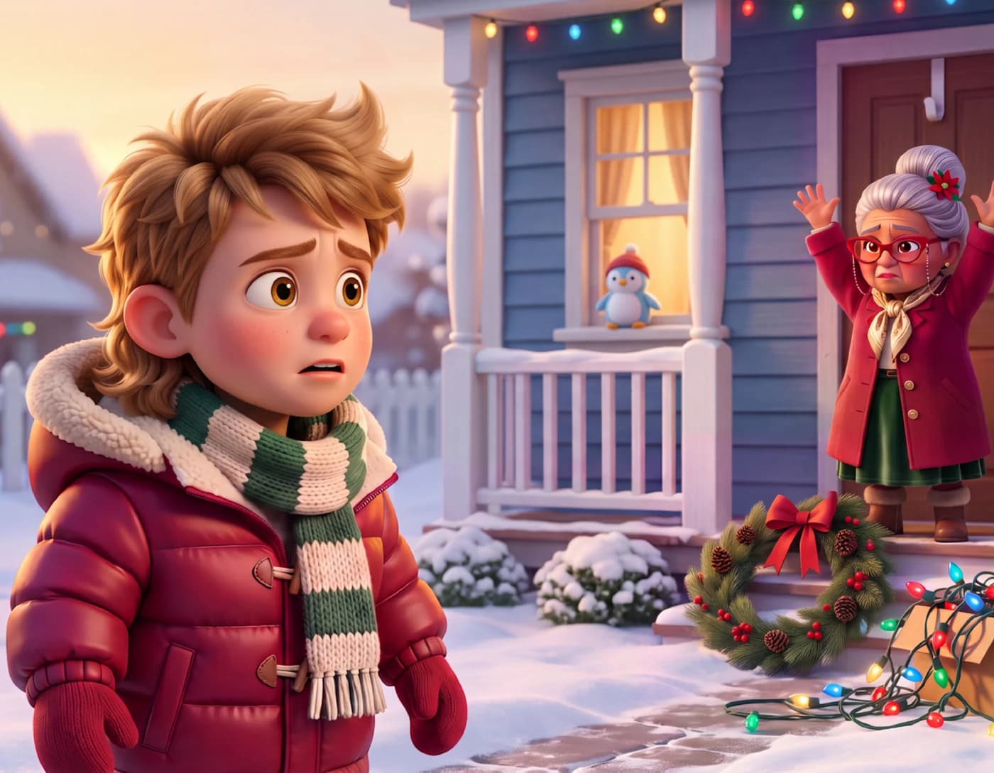 A boy in a red coat looks up as an older neighbor in red glasses throws up her hands on her porch, a fallen wreath and tangled lights below, in Look Outward.