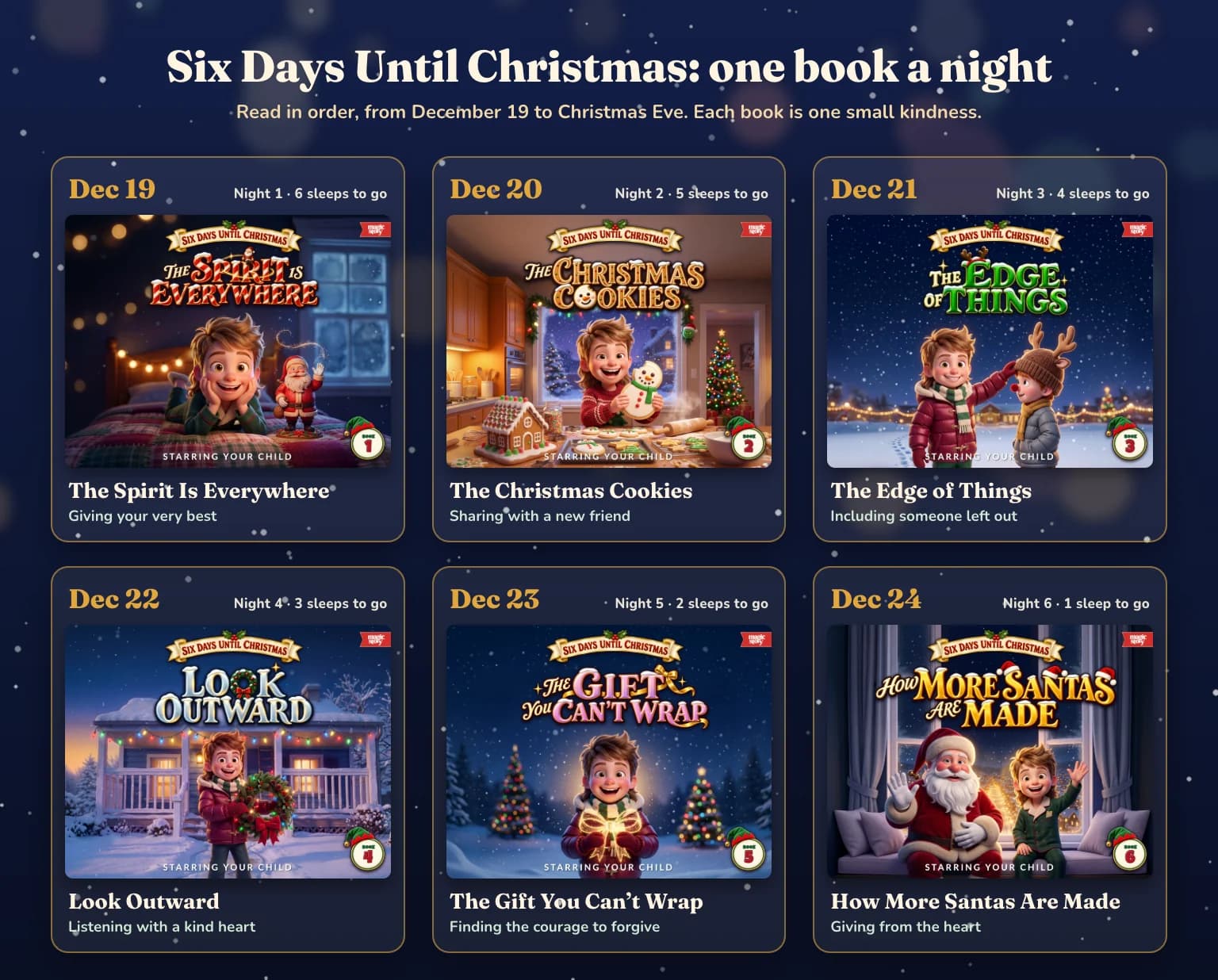 Six Days Until Christmas reading plan: the six covers, one for each night from December 19 to December 24, with each book's kindness.