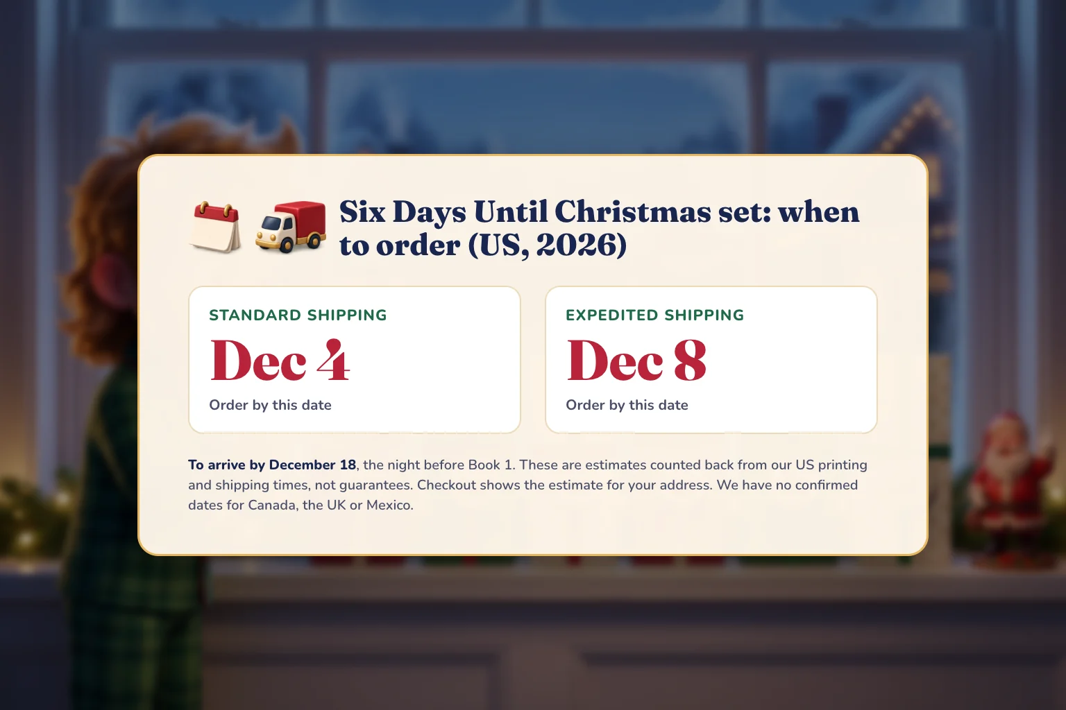 US order-by dates for the Six Days Until Christmas set to arrive by December 18: December 4 with Standard shipping, December 8 with Expedited.