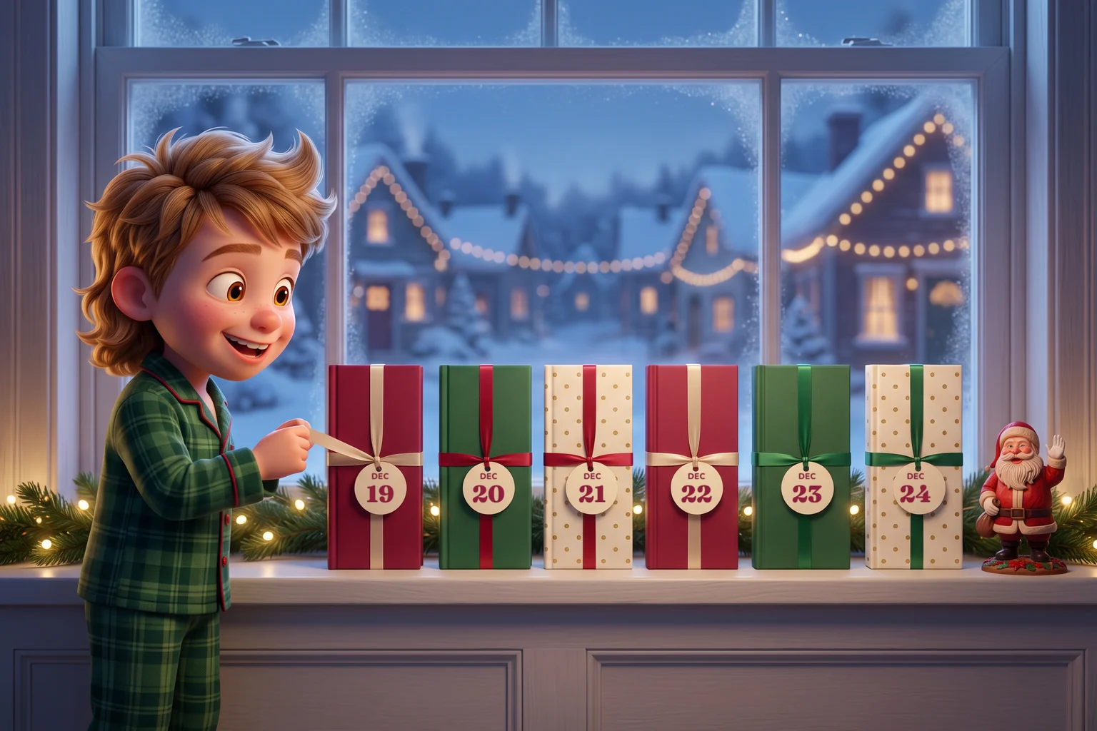 A boy in green plaid pajamas tugs the ribbon on the first of six wrapped books on a windowsill, each tagged with a date from December 19 to December 24.