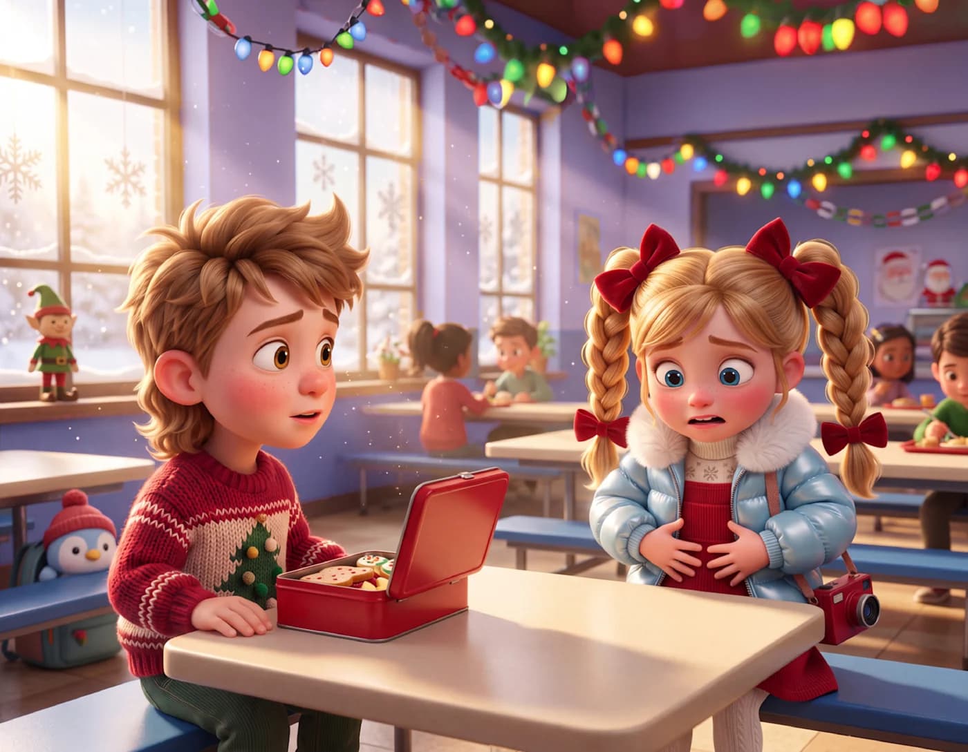 A boy in a red sweater looks across a lunch table at a girl with red bows who has no lunch, in The Christmas Cookies.