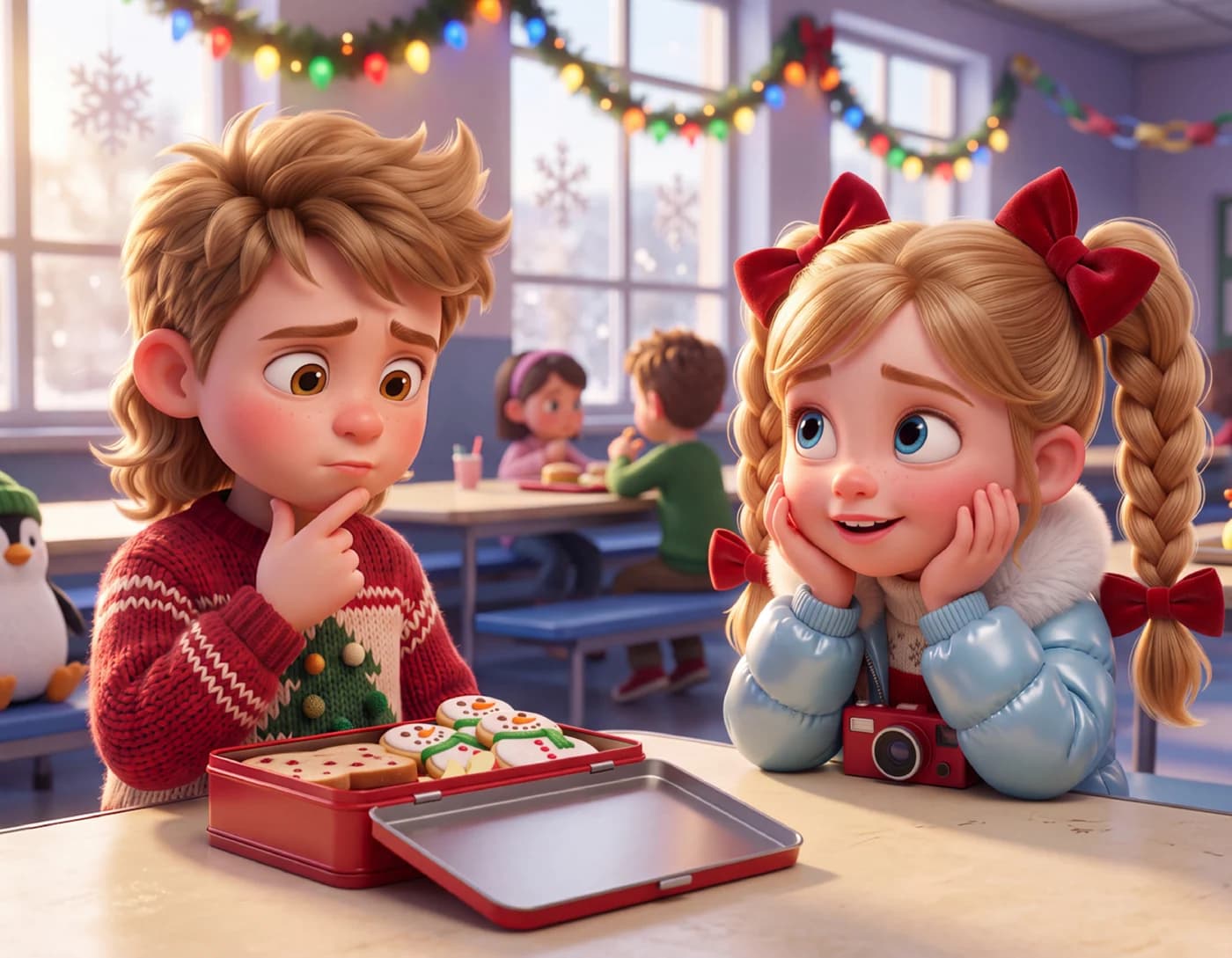 A boy holds his chin, thinking, beside an open lunch tin of snowman cookies while the girl next to him looks on hopefully, in The Christmas Cookies.