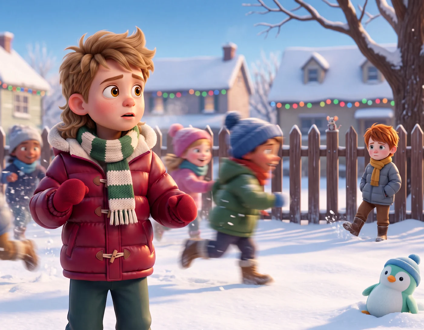 A boy in a red puffer coat stops in the snow and looks toward a boy standing alone by a wooden fence, in The Edge of Things.
