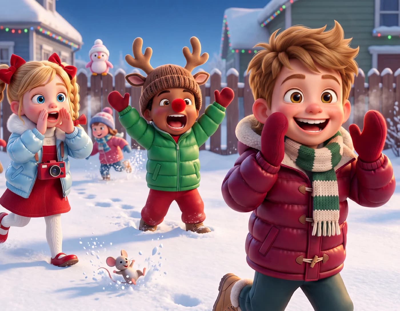 Children in winter coats and reindeer antlers cheer during a game of tag in the snow, in The Edge of Things.