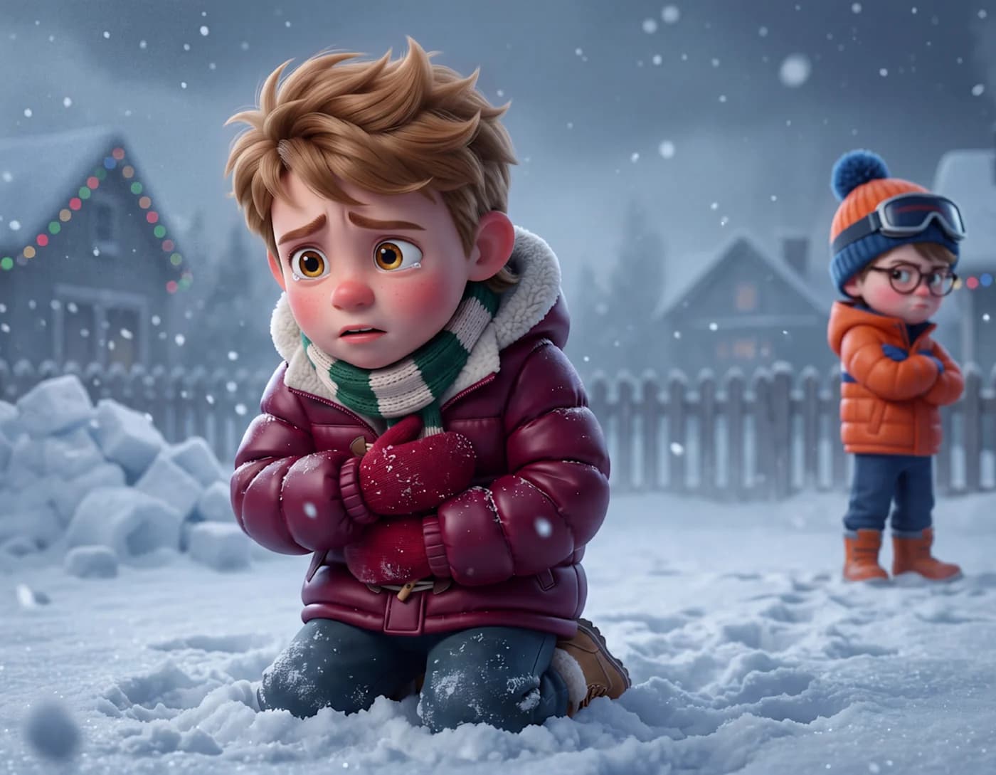 A boy kneels in the snow hugging himself, looking hurt, while his friend stands apart with his arms crossed, in The Gift You Can't Wrap.