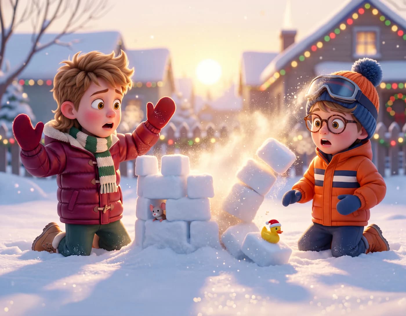 Two boys in winter coats watch their snow fort wall tumble down in a burst of snow, in The Gift You Can't Wrap.