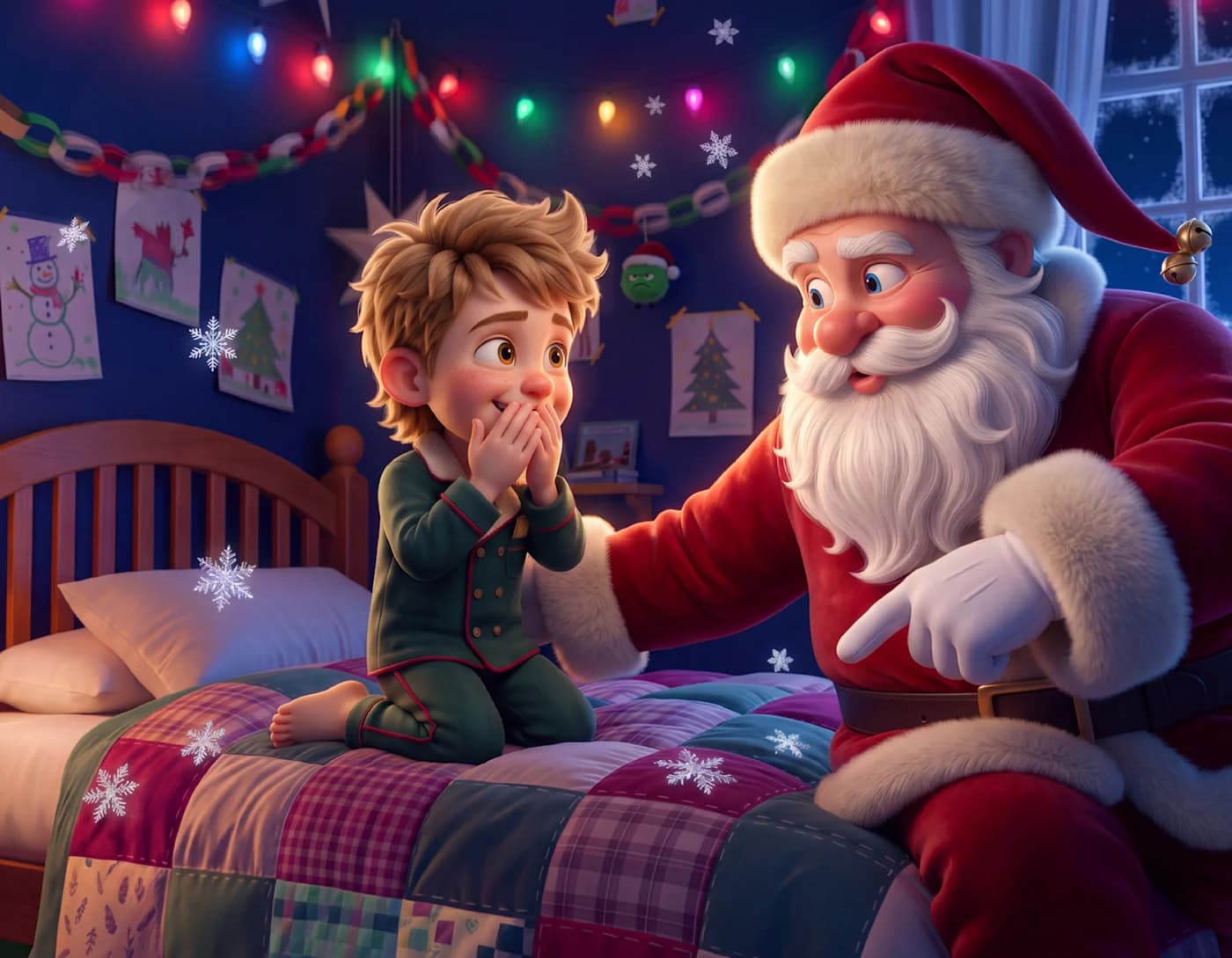 Santa sits beside a patchwork quilt as a boy in pajamas covers a gasp with both hands, in The Spirit Is Everywhere.