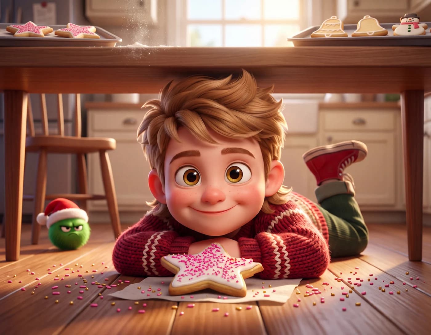 A boy lies on a wooden floor smiling at a star cookie covered in pink sprinkles, in The Spirit Is Everywhere.
