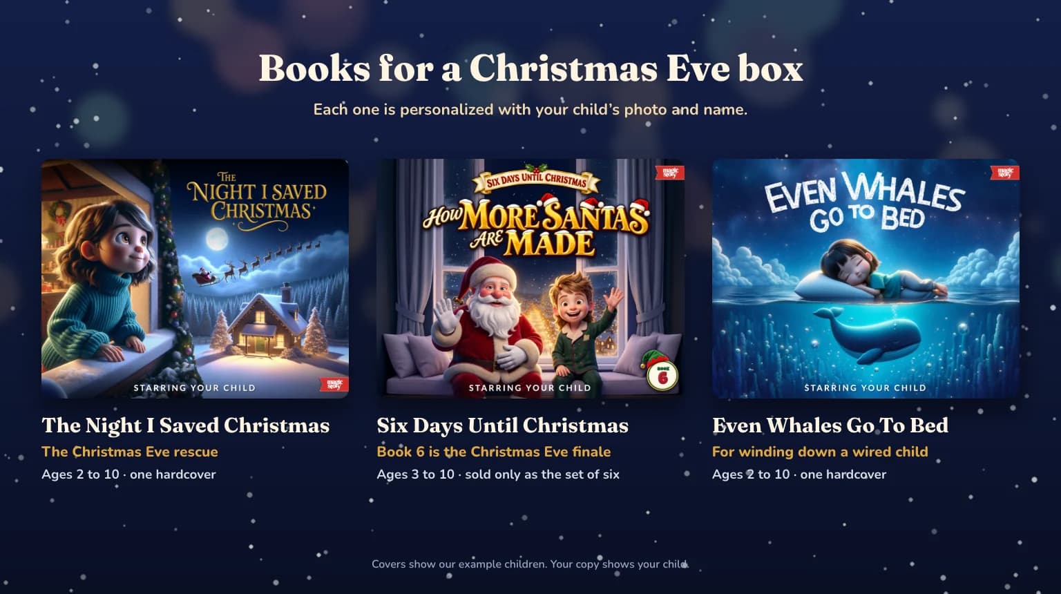 Three book covers for a Christmas Eve box: The Night I Saved Christmas, How More Santas Are Made from Six Days Until Christmas, and Even Whales Go To Bed.