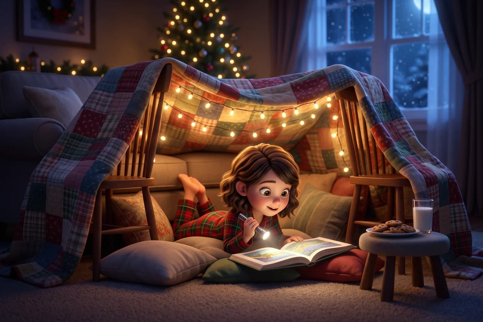 A girl in plaid pajamas reads a picture book by flashlight inside a blanket fort strung with fairy lights.