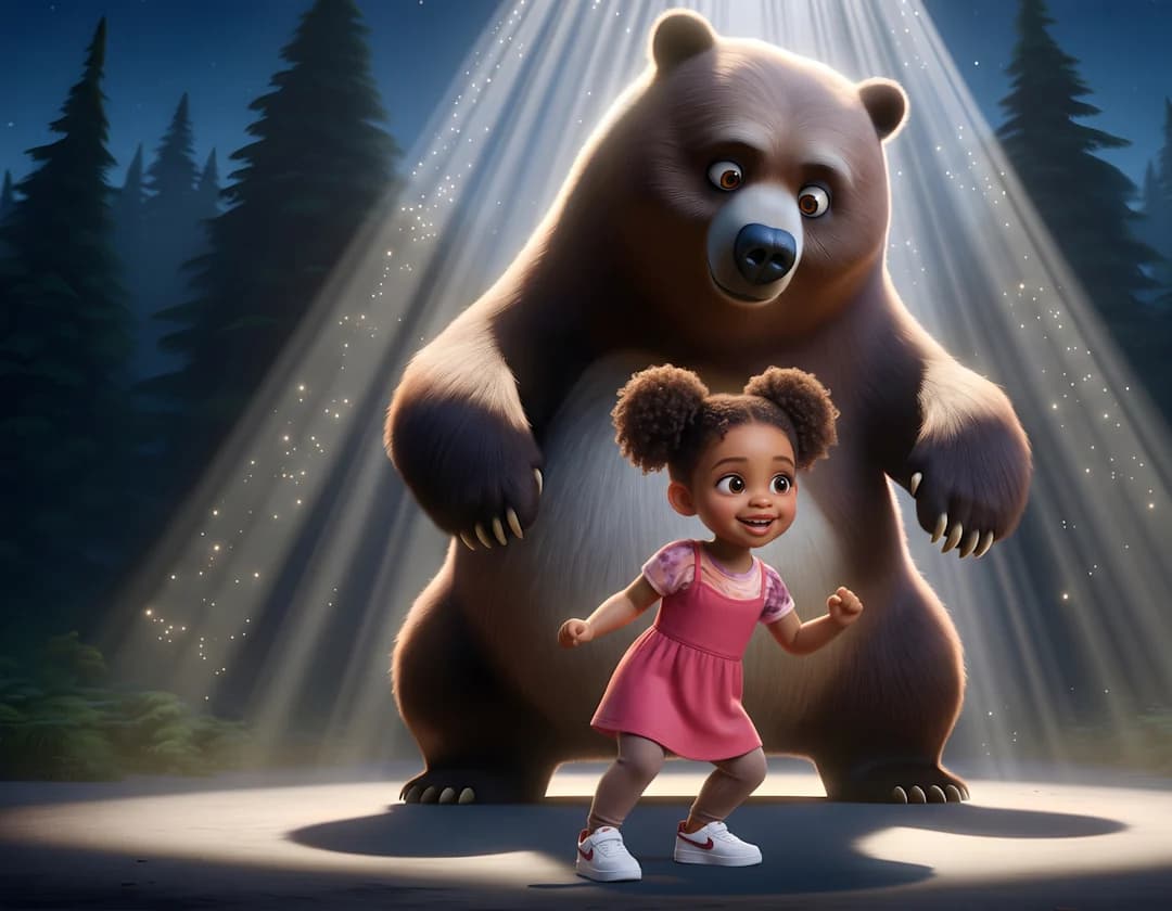 A girl in a pink dress stands in a beam of light in front of a huge bear in a dark forest, in Even Whales Go To Bed.