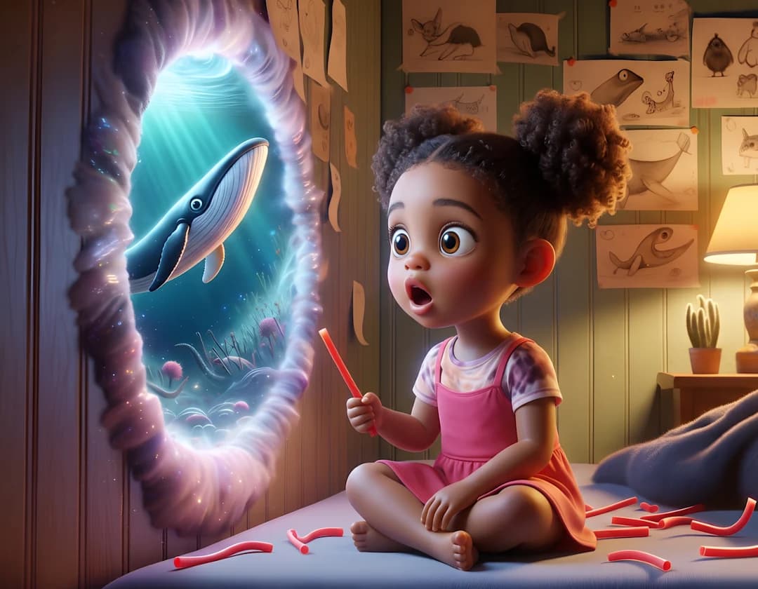 A girl sits on her bed and stares in surprise at a whale swimming in a glowing round window to the sea, in Even Whales Go To Bed.