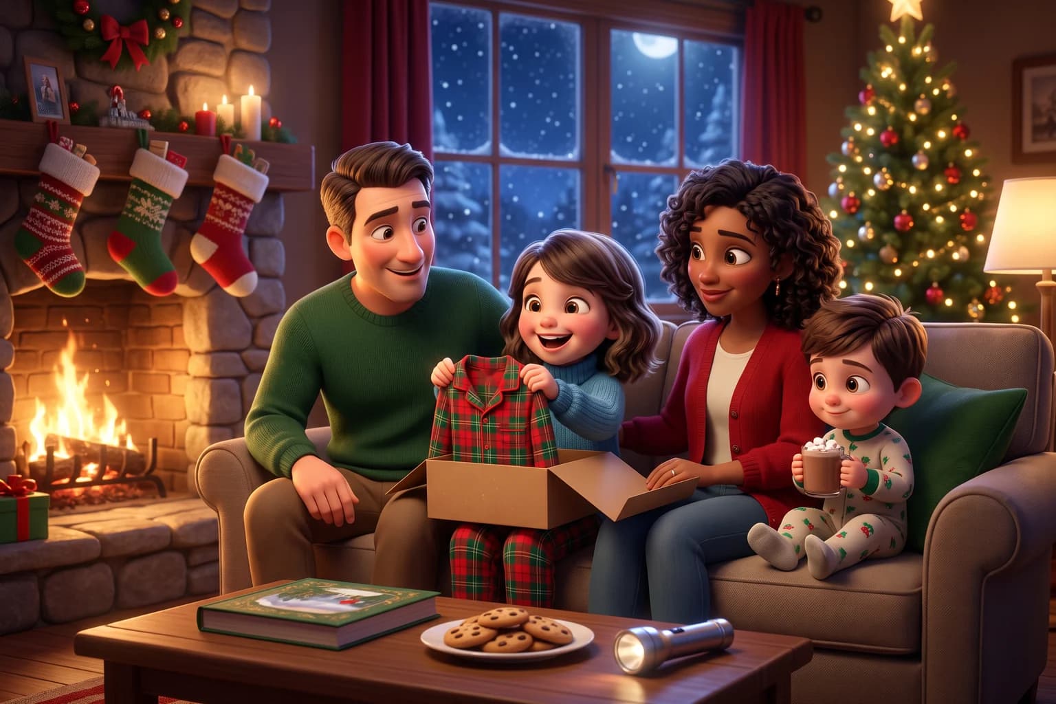 A family on the sofa by the fire opens a Christmas Eve box: a girl holds up plaid pajamas while her little brother sips cocoa.