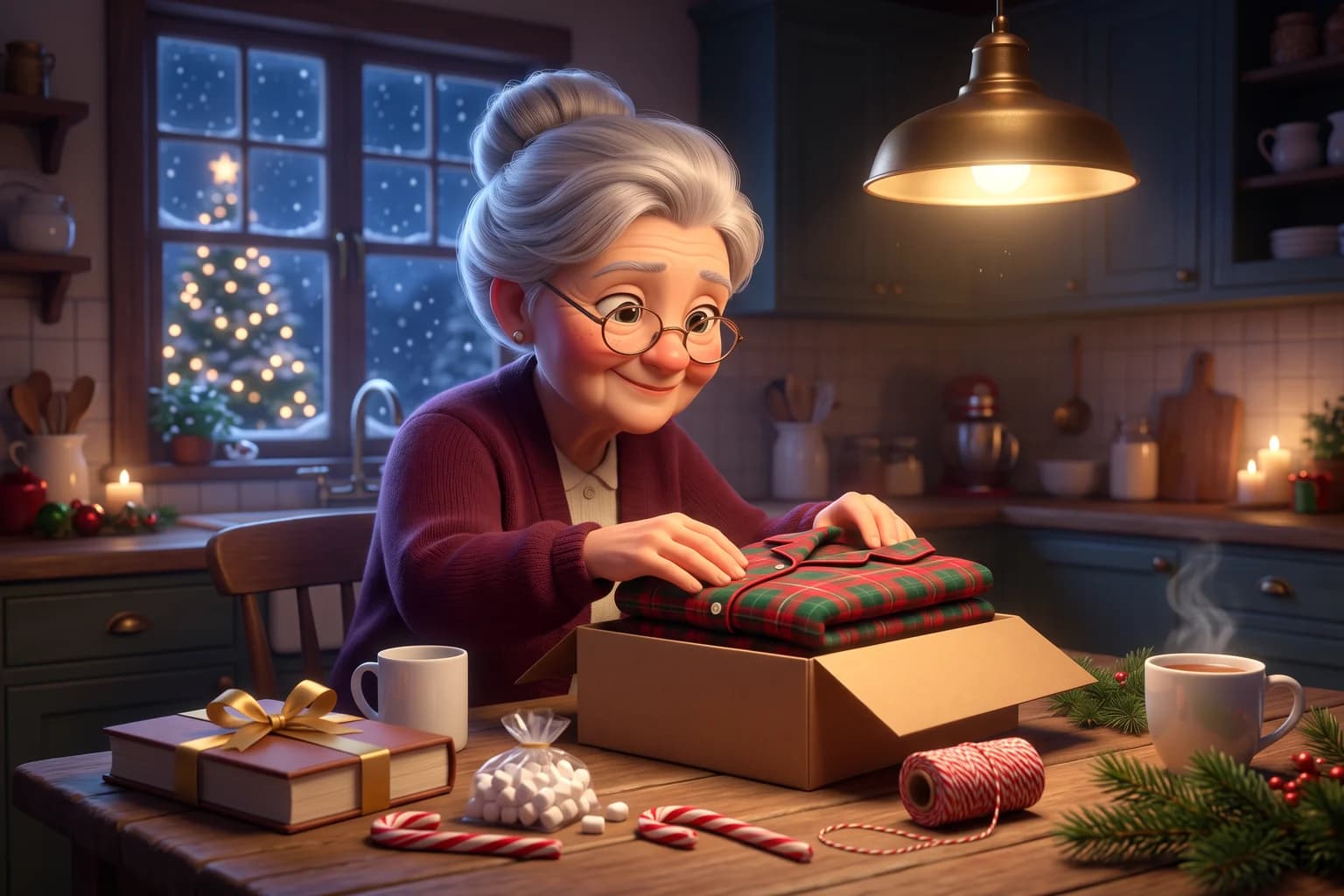 A grandmother in glasses packs folded plaid pajamas into a kraft box at her kitchen table, with a ribboned book, marshmallows and candy canes beside it.
