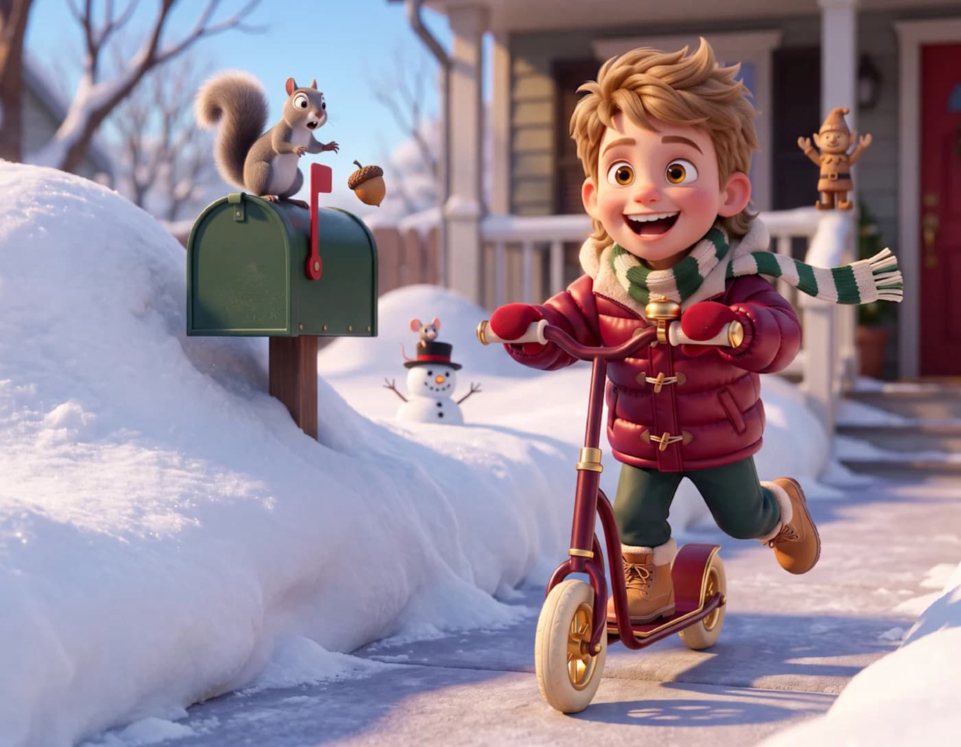 A boy in a red coat rides a maroon and gold scooter down a snowy sidewalk past a mailbox, in How More Santas Are Made.