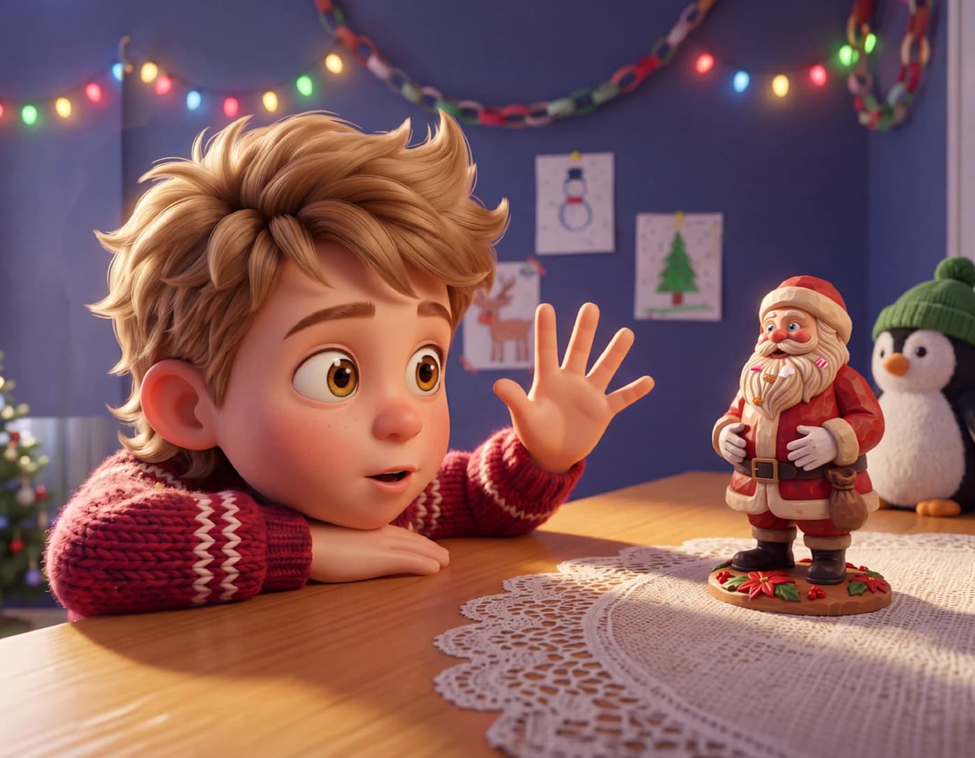A boy leans on a table and waves at a small carved wooden Santa figurine, in How More Santas Are Made.