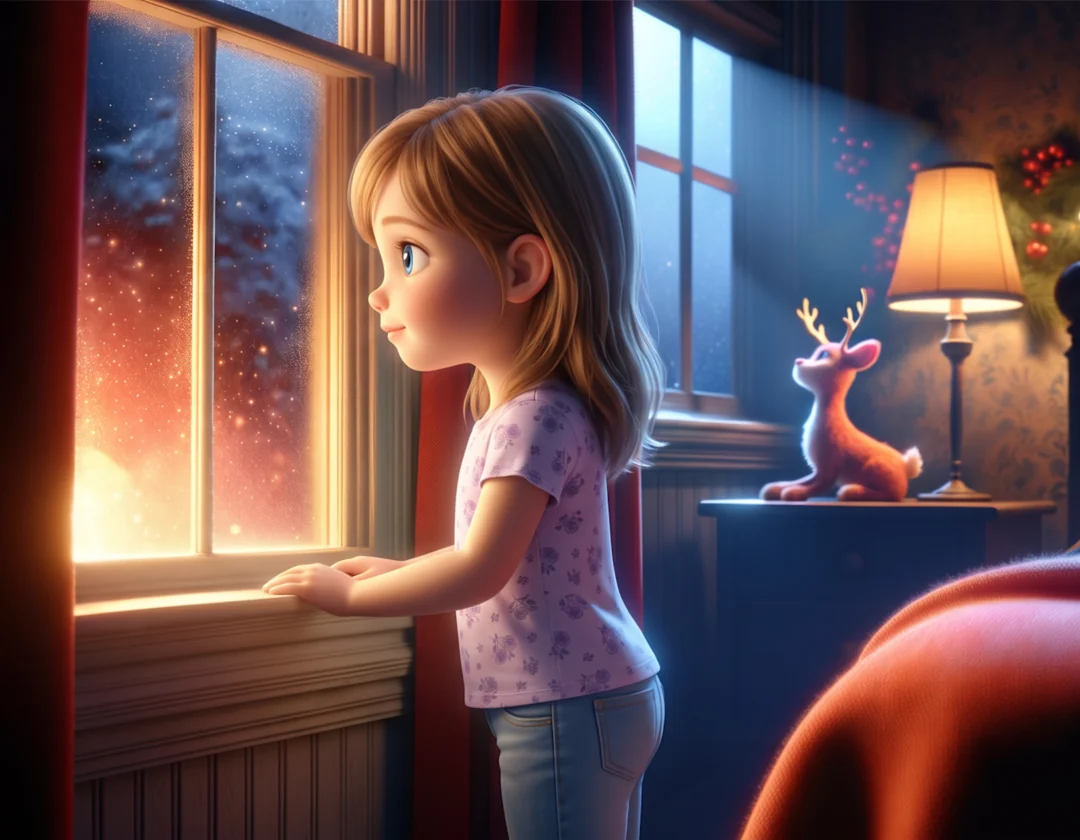 A girl in pajamas stands at a glowing bedroom window on Christmas Eve, in The Night I Saved Christmas.